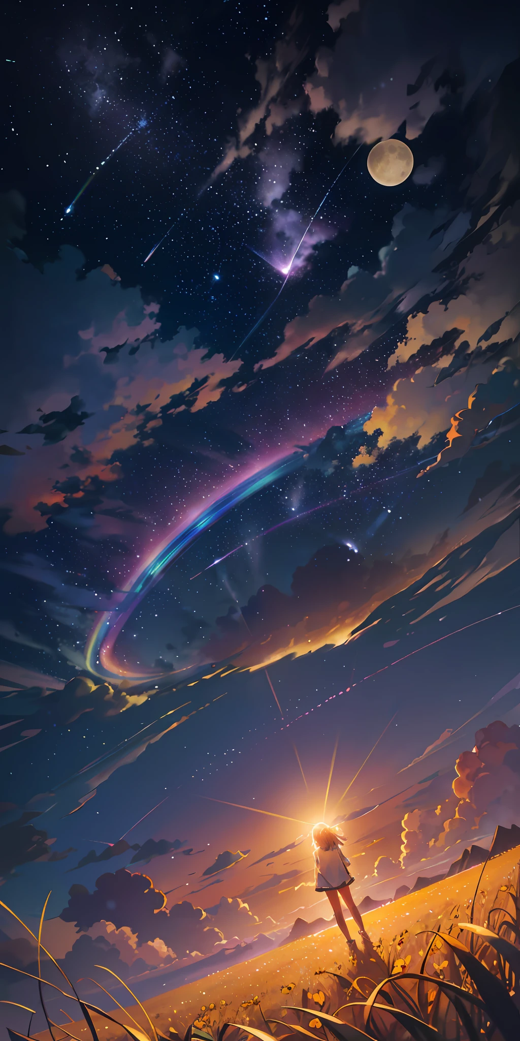 Vast landscape photo, (viewed from below, the sky is above and the open field is below), a girl standing on a flower field looking up, (full moon: 1.2), (meteor: 0.9), (nebula: 1.3), distant mountains , Trees BREAK Crafting Art, (Warm Light: 1.2), (Fireflies: 1.2), Lights, Lots of Purple and Orange, Intricate Details, Volumetric Lighting, Realism BREAK (Masterpiece: 1.2), (Best Quality), 4k, Ultra-Detailed, (Dynamic Composition: 1.4), Very Detailed, Colorful Details, (Rainbow Colors: 1.2), (Glow Lighting, Atmospheric Lighting), Dreamy, Magical, (Solo: 1.2)