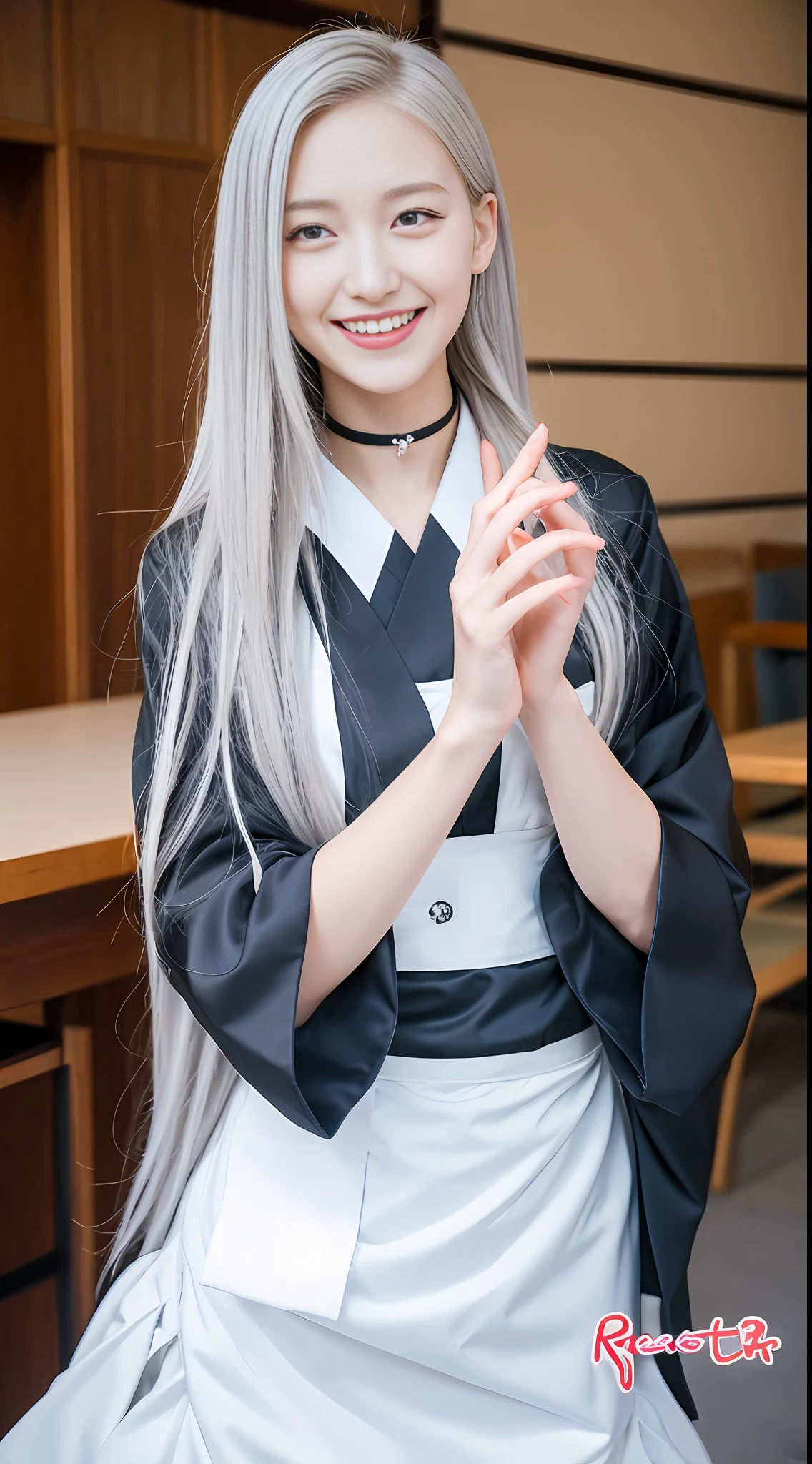 Masterpiece, Best Picture Quality, Best Quality, High Girl, Japanese Clothes, Kimono, Slender, Plug Suit, Maid Clothes, Red Eyes, Detailed Eyes, Silver Hair, Long Hair, Solo, One Girl, Five Fingers, Choker, Happy Look, Laughing Expression,