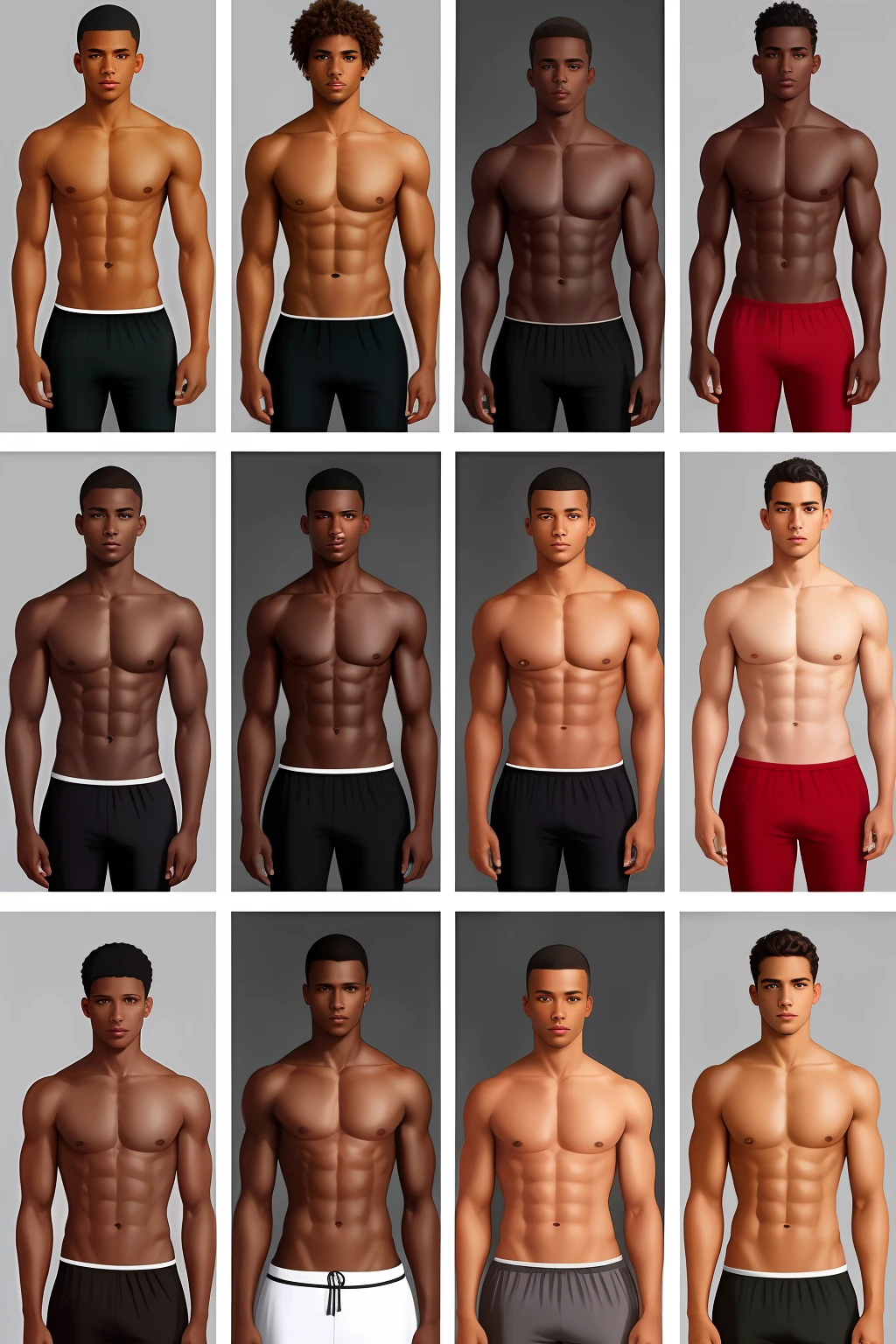 Give me 8 skin colors from lightest to darkest, put 8 male bodies in the image in a row, realistic bodies, in 8k quality