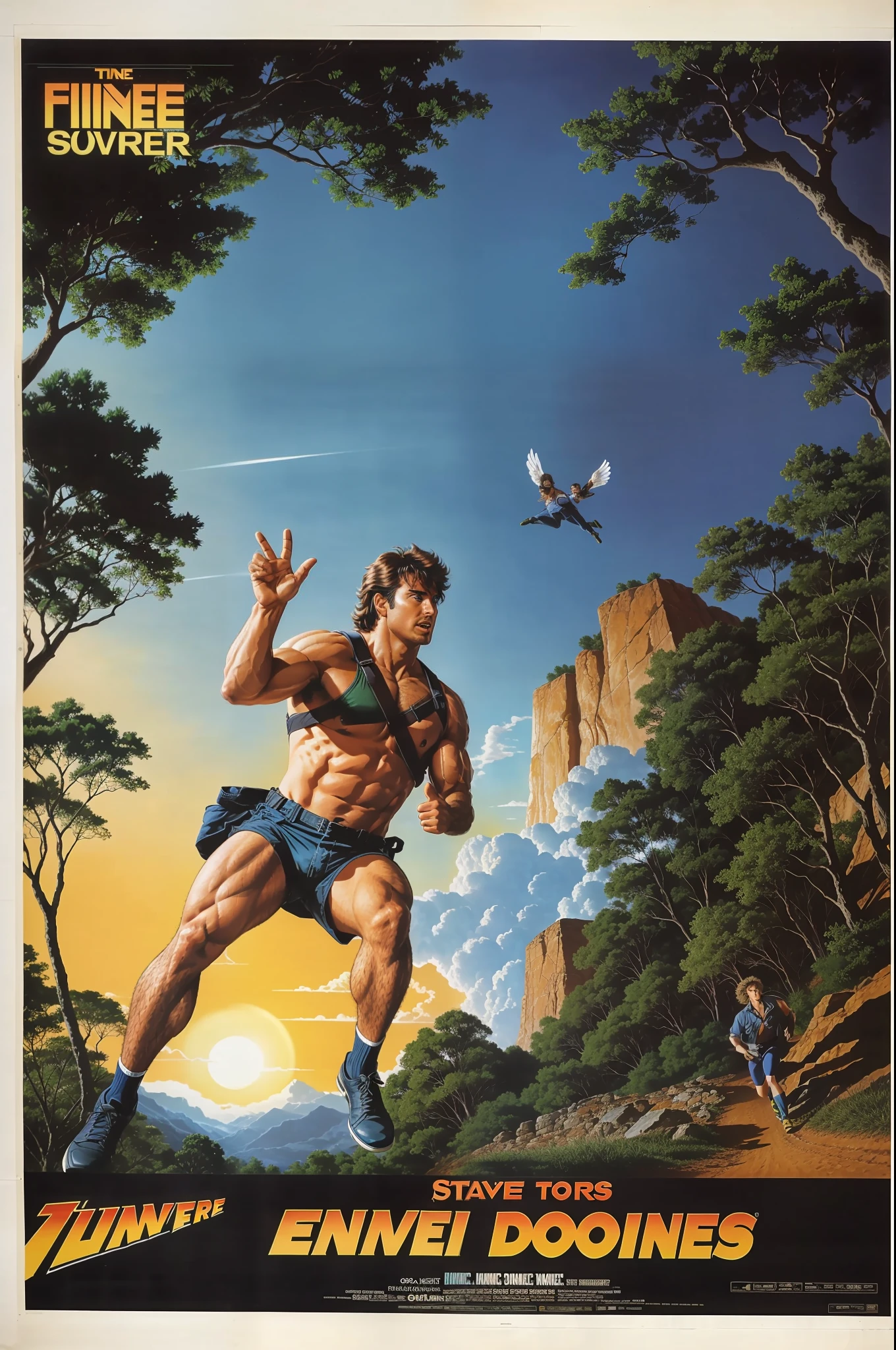 80s movie poster explorer NCCG running in jungle,movie title,adventure,