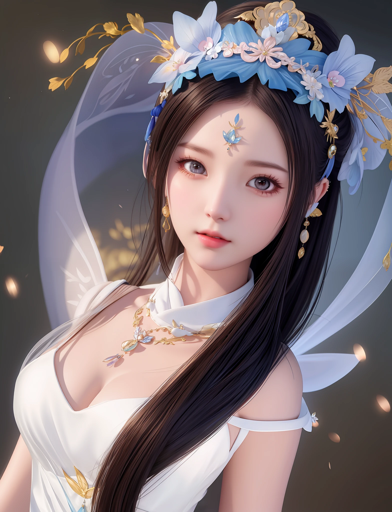Chinese Fairy, Beautiful as a Fairy, Best Quality, Masterpiece, High Resolution, 1girl, Porcelain Dress, Hair Accessories, Necklace, Jewelry, Beautiful Face, Physically, Tyndall Effect, Realistic, Shadow Studio, Edge Lighting, Two-Color Lighting, (High Detail Skin: 1.2), 8k UHD, DSLR, Soft Light, High Quality, Volumetric Light, Voy Shot, Photo, High Resolution, 4K, 8K, Background Blur,