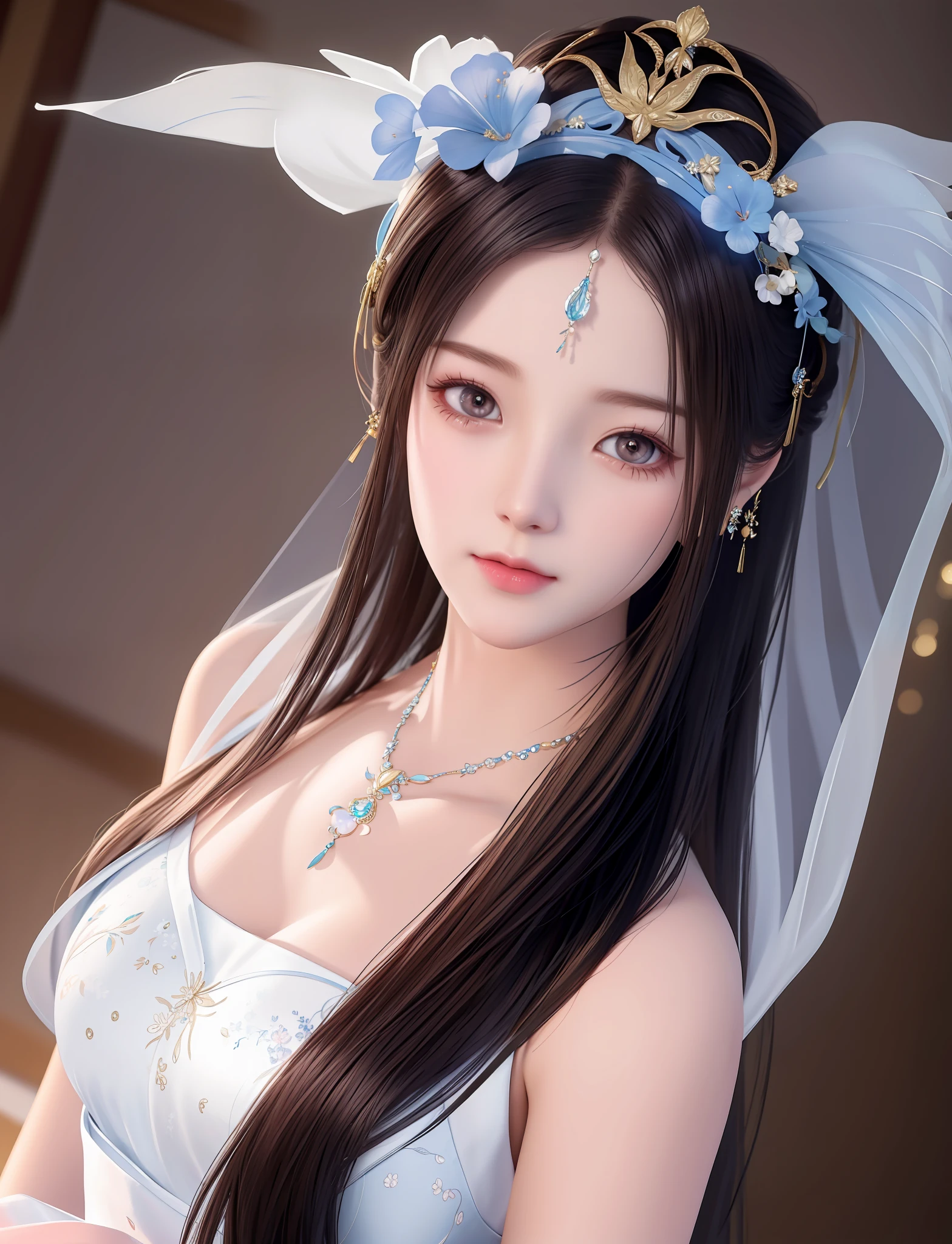 Chinese Fairy, Beautiful as a Fairy, Best Quality, Masterpiece, High Resolution, 1girl, Porcelain Dress, Hair Accessories, Necklace, Jewelry, Beautiful Face, Physically, Tyndall Effect, Realistic, Shadow Studio, Edge Lighting, Two-Color Lighting, (High Detail Skin: 1.2), 8k UHD, DSLR, Soft Light, High Quality, Volumetric Light, Voy Shot, Photo, High Resolution, 4K, 8K, Background Blur,