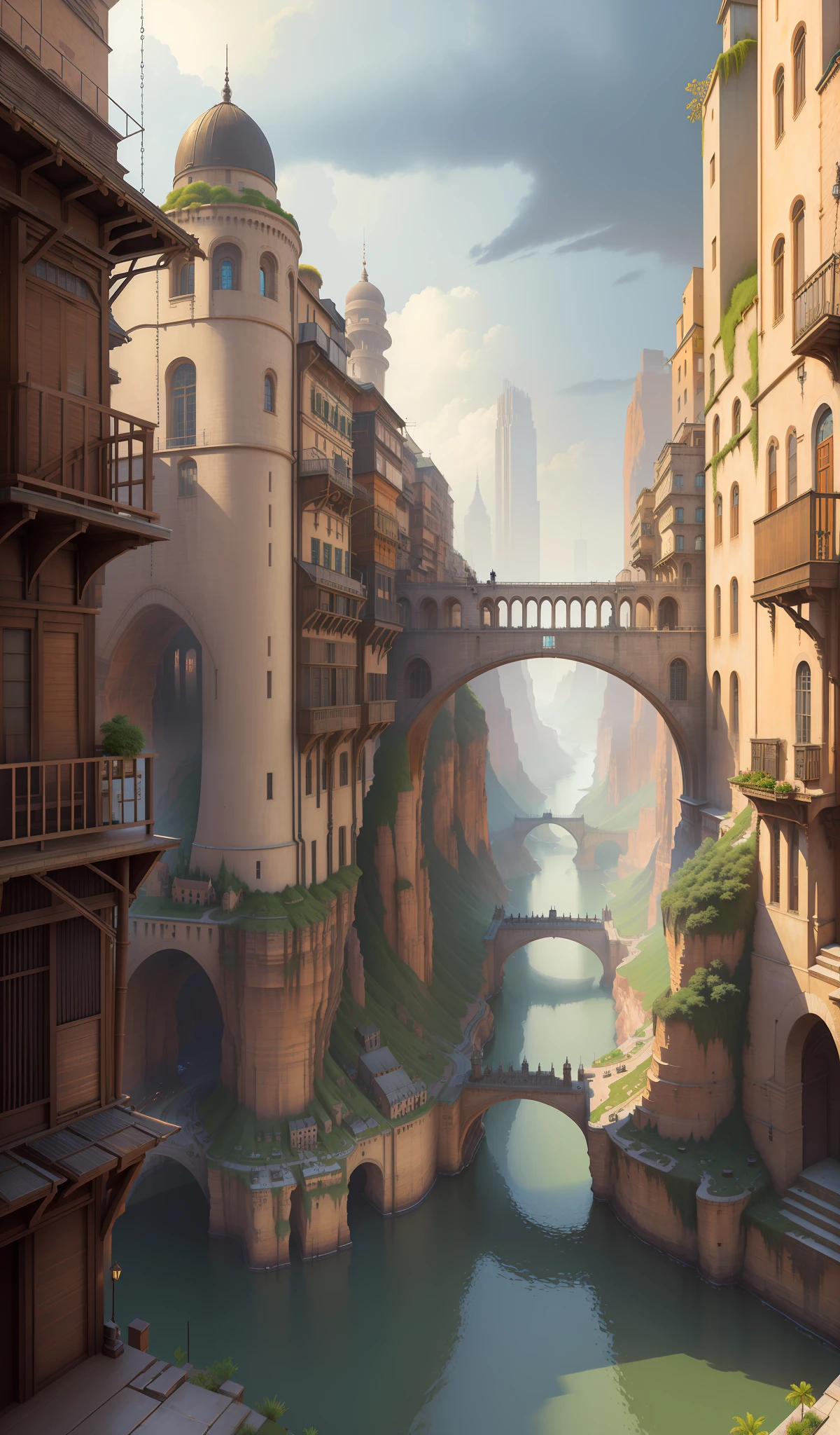 ((masterpiece)),((best quality)),((high detial)),((realistic,)) Industrial age city, deep canyons in the middle, architectural streets, bazaars, Bridges, rainy days, steampunk, European architecture