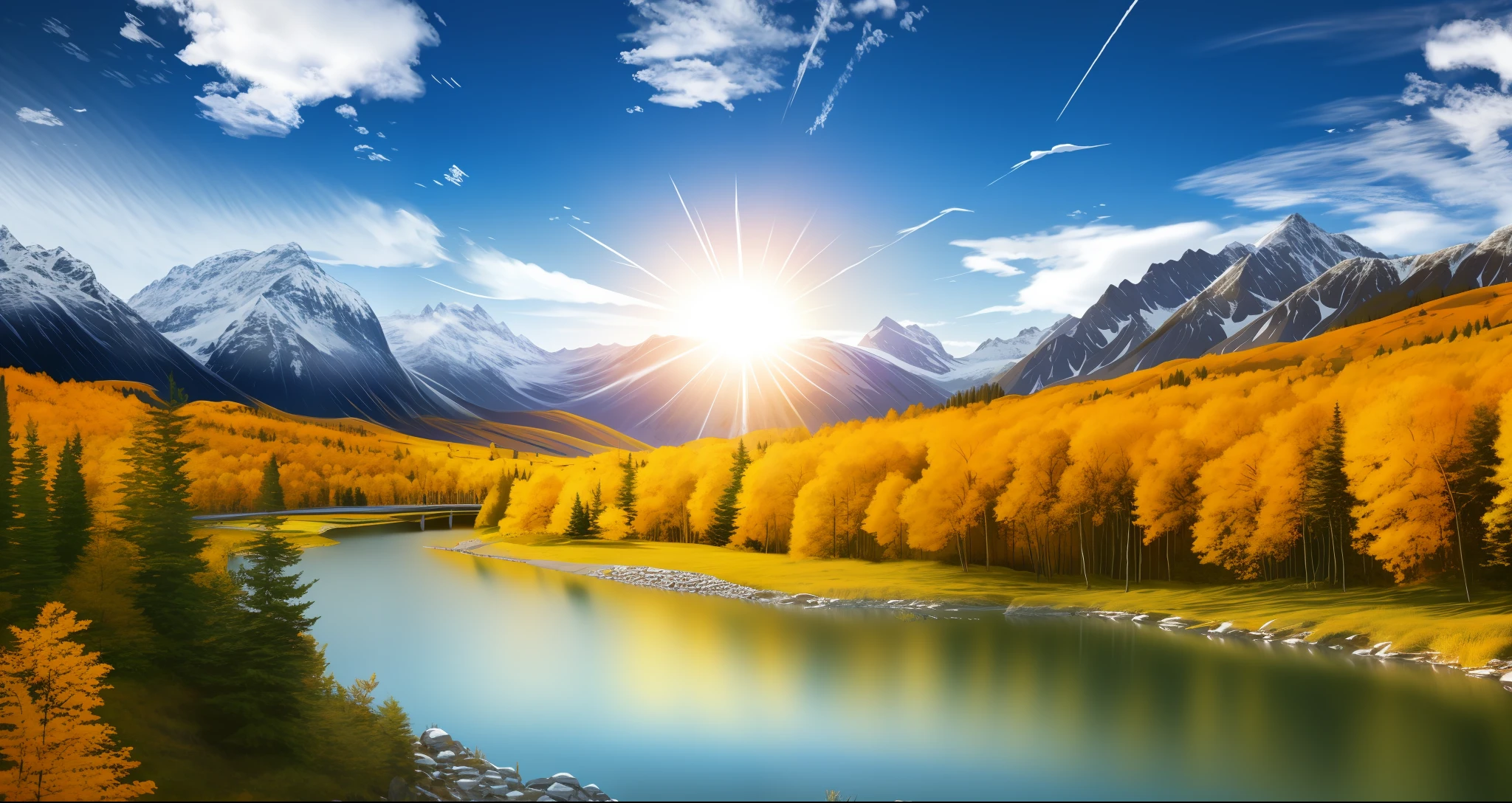 detailed background, masterpiece, best quality, landscape, mountains, river, forest, sun, day, clouds