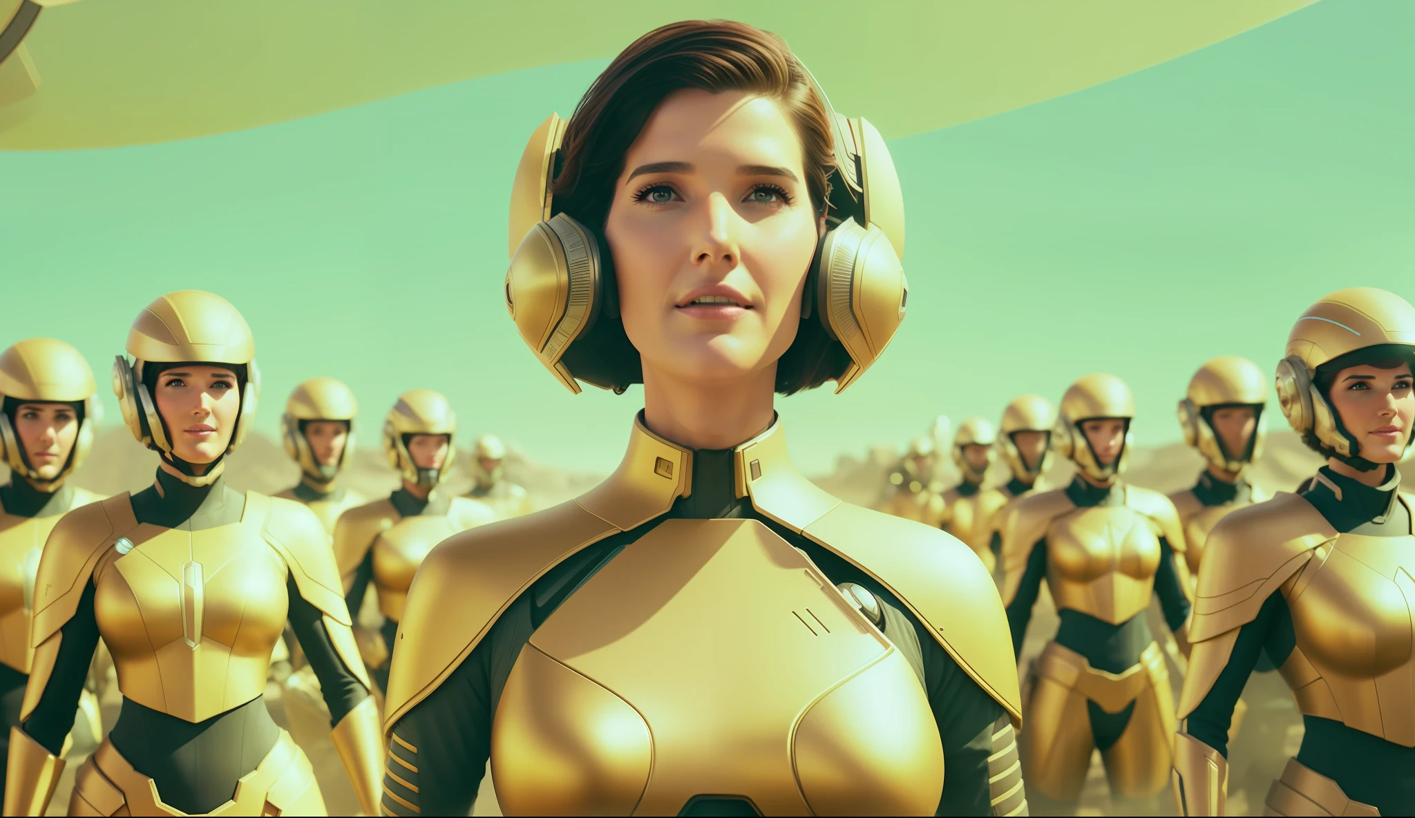 a woman (Cobie Smulders) in a futuristic suit surrounded by other people, a detailed matte painting by Mike Winkelmann, cgsociety, retrofuturism, sci-fi, reimagined by industrial light and magic, futuristic