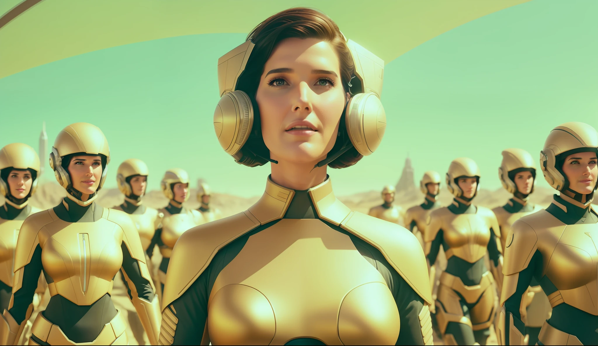a woman (Cobie Smulders) in a futuristic suit surrounded by other people, a detailed matte painting by Mike Winkelmann, cgsociety, retrofuturism, sci-fi, reimagined by industrial light and magic, futuristic