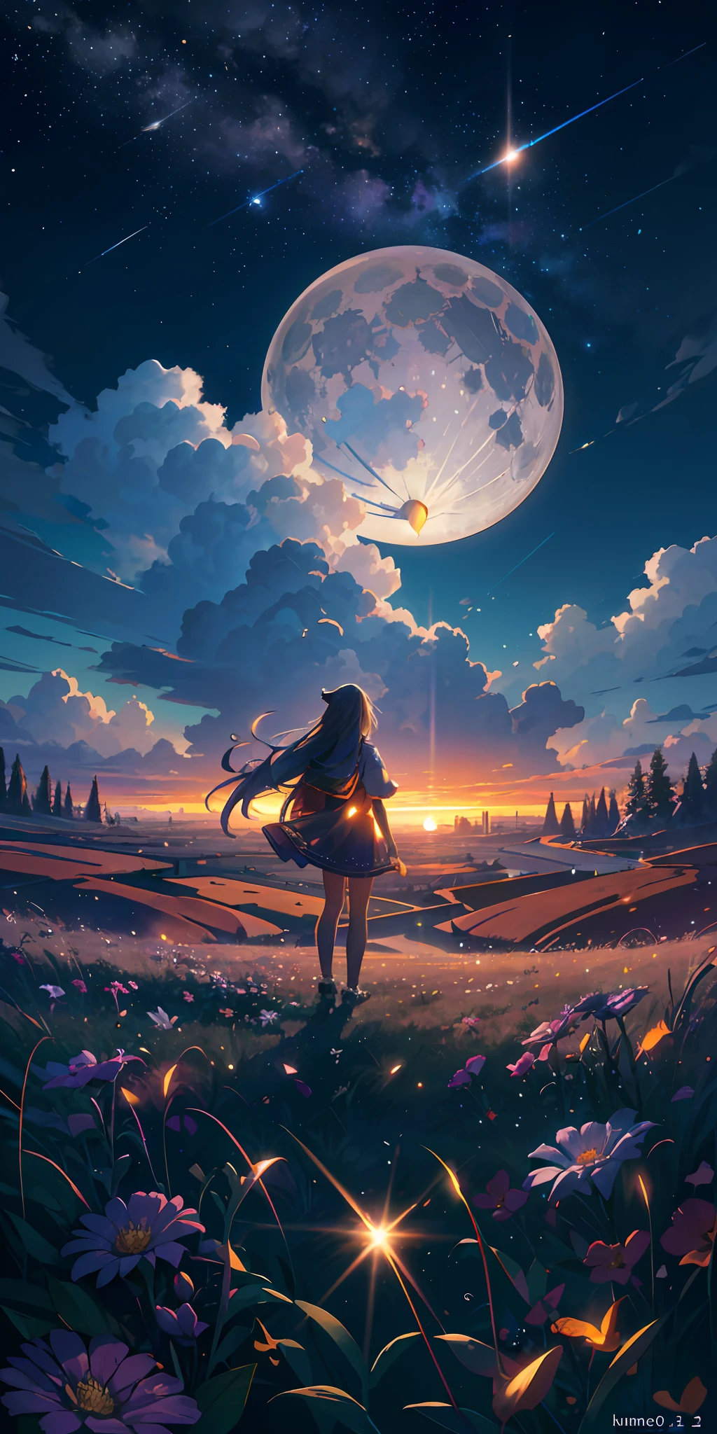 Vast landscape photo, (viewed from below, the sky is above and the open field is below), a girl standing on a flower field looking up, (full moon: 1.2), (meteor: 0.9), (nebula: 1.3), distant mountains , Trees BREAK Crafting Art, (Warm Light: 1.2), (Fireflies: 1.2), Lights, Lots of Purple and Orange, Intricate Details, Volumetric Lighting, Realism BREAK (Masterpiece: 1.2), (Best Quality), 4k, Ultra-Detailed, (Dynamic Composition: 1.4), Very Detailed, Colorful Details, (Rainbow Colors: 1.2), (Glow Lighting, Atmospheric Lighting), Dreamy, Magical, (Solo: 1.2)