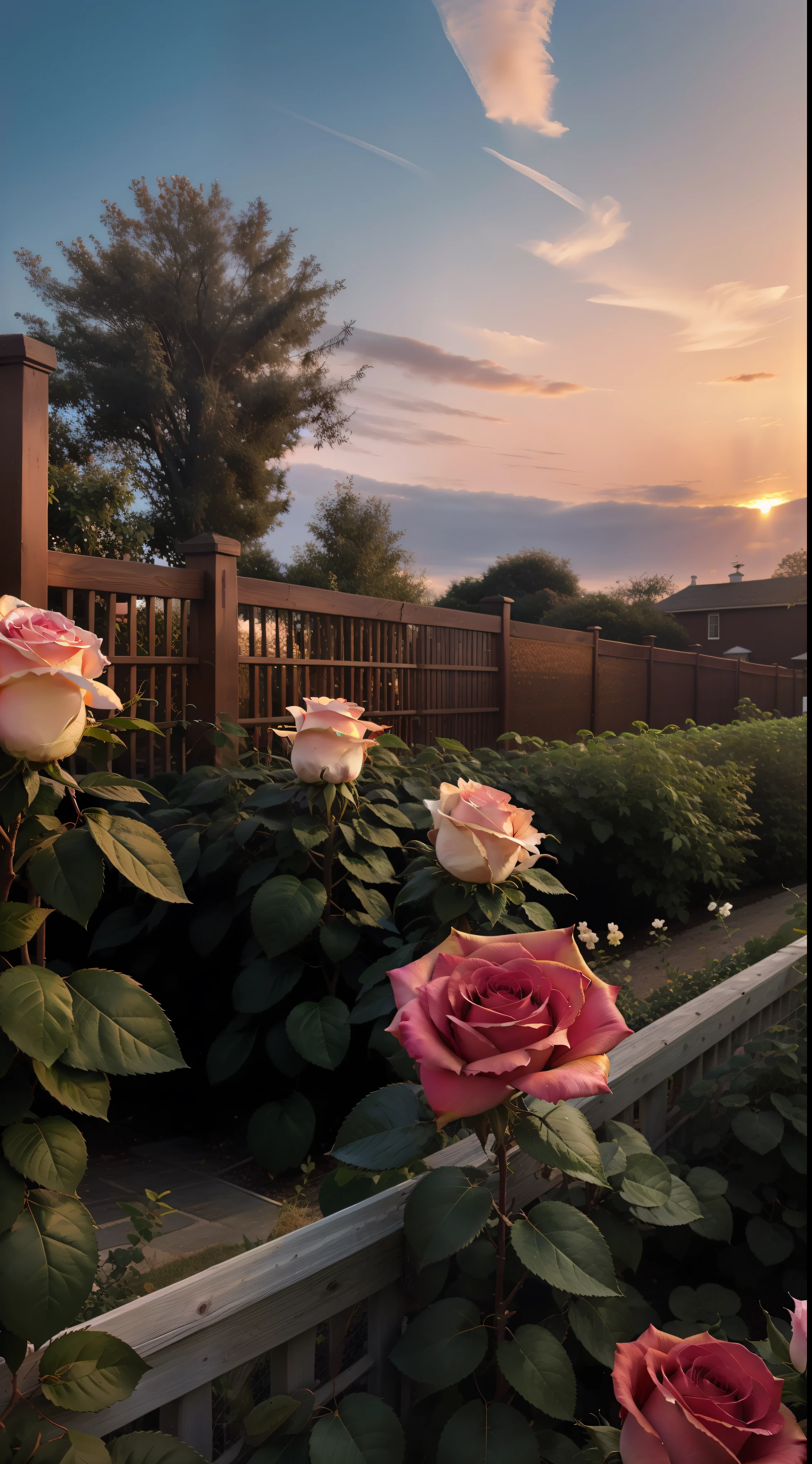 The sky is a magnificent sunset, In front of it is a row of white fences, The fence is covered with delicate roses, The colors of the roses are colorful, The whole picture is romantic, reality, high detail, Realism, chromatic aberration, chiaroscuro, UHD, masterpiece, ccurate, anatomically correct, super detail, high details, high quality, award winning, best quality, highres, 16k