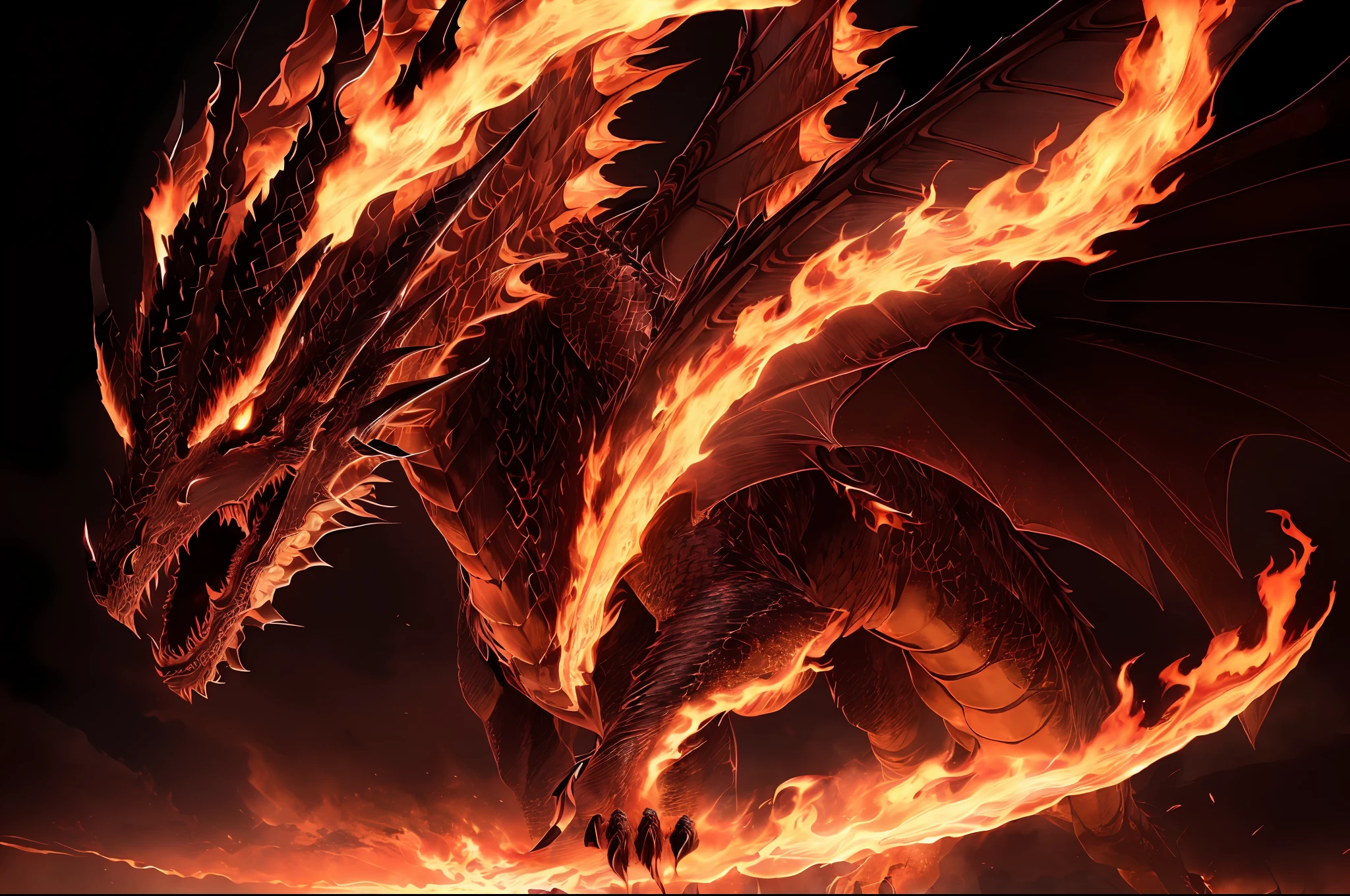(exquisitely detailed CG unity 8k wallpaper, masterpiece-quality with stunning realism),(best illumination, best shadow, dark and foreboding),an awe-inspiring fire dragon,(dark fantasy world),vivid colors and dynamic motion of flames, (intense gaze, powerful shoulders, lashing tail, gleaming scales),(fierce expression),(black background),(sense of looming danger),(Volumetric light)