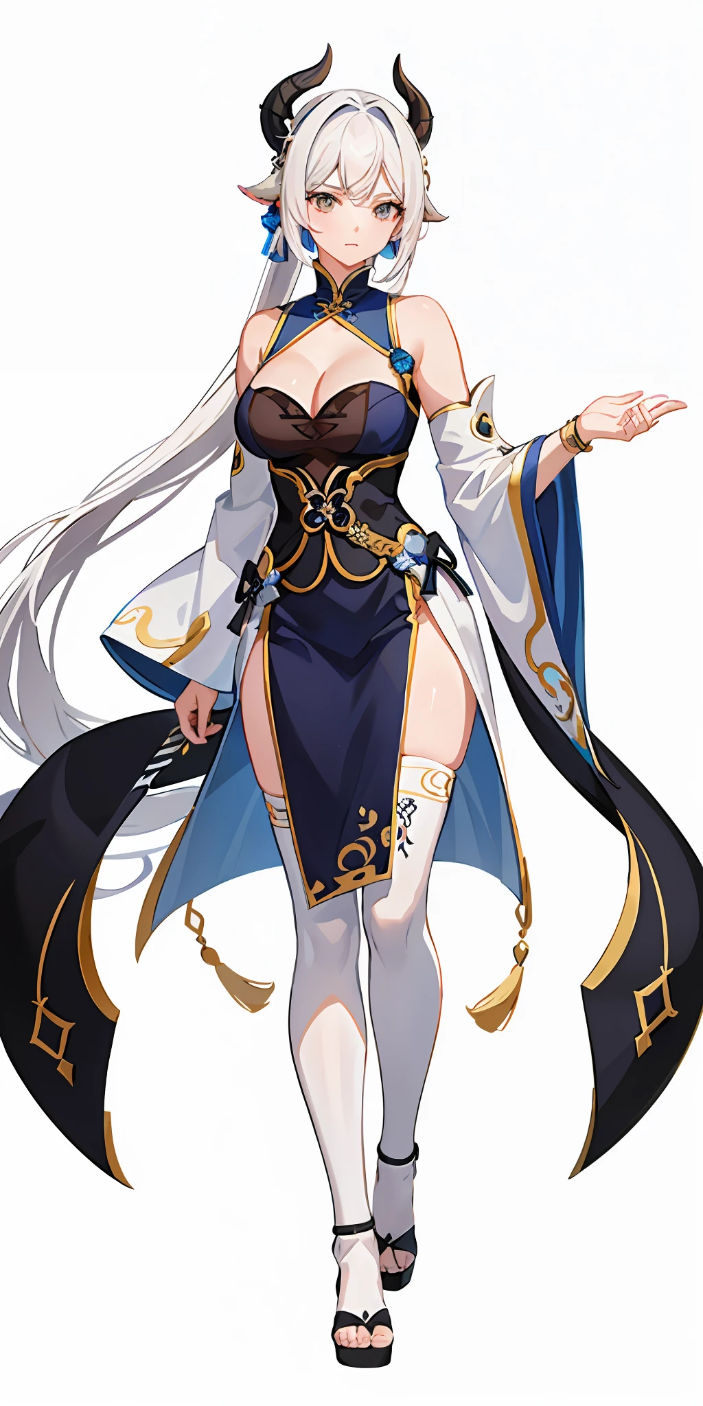 (top quality, masterpiece, white background), 1 woman, (Genshin 1.4) white hair, Chinese style costume, black eyes, (sheep horn 1.4), older sister, (bangs tail 1.4), expressionless, yakushi, dark blue clothes, (one-handed sword 1.1), (big breasts 1.4), cleavage, tights, (long bangs 1.1), shoulders, water, light blue jewelry