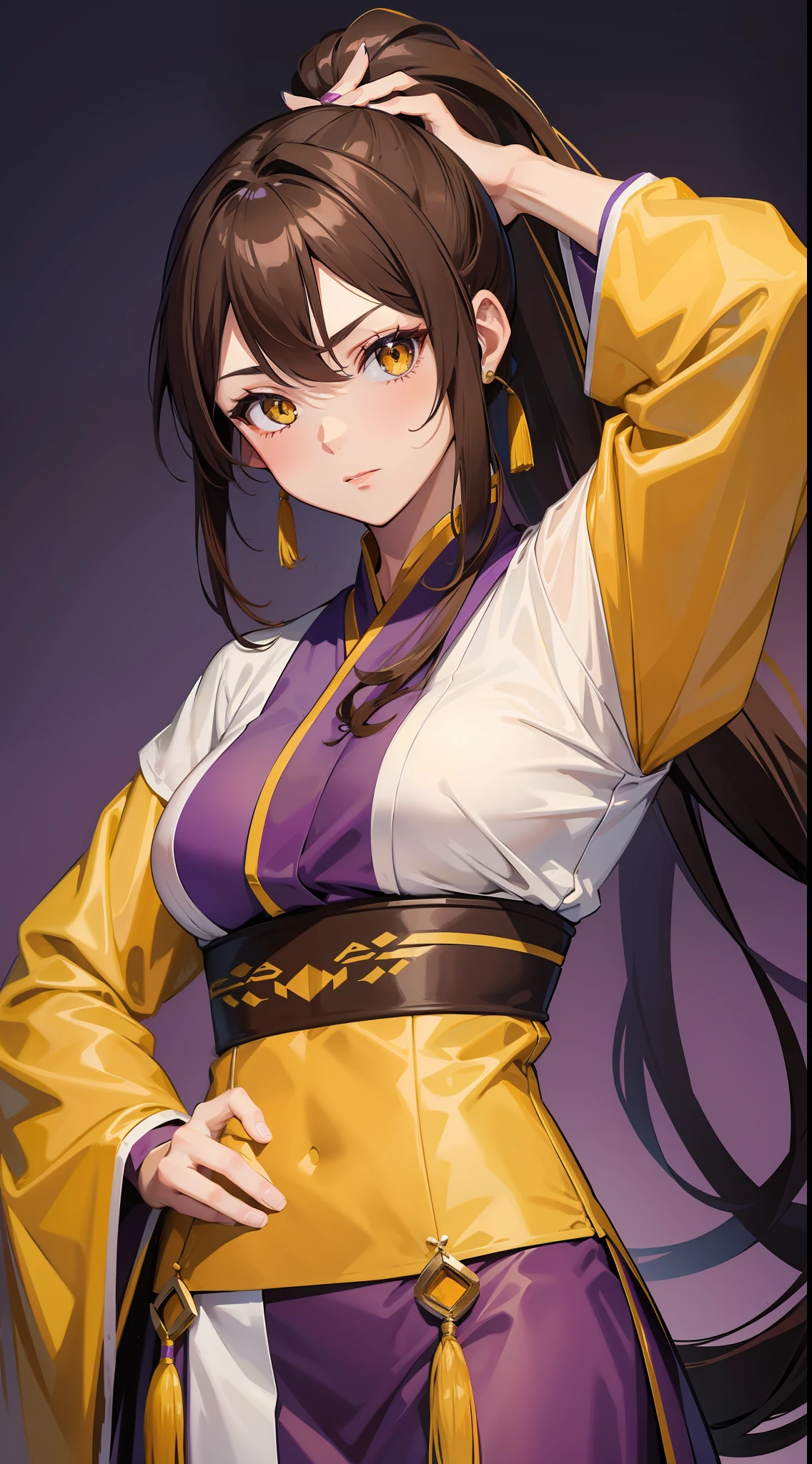 Adult woman, long brown hair, high ponytail, yellow eyes, purple hanfu, open breasts, masterpiece, high quality