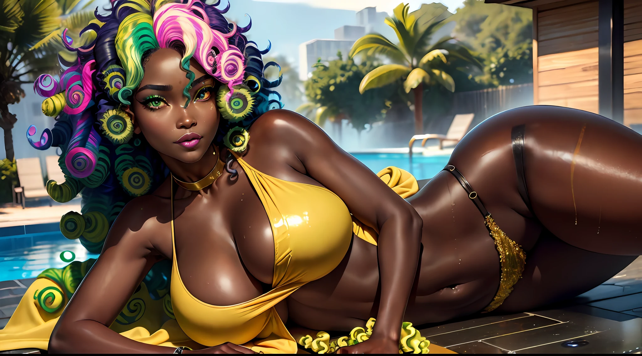 (Best quality, 4k, Masterpiece :1.3), pretty ebony woman, hyper realistic, 1girl, (massive breasts, attractive body :1.25), abs :1.1, (extreme neon rainbow hair), (curly hair:2), long hair, (rainy wet, wet from rain, wet body :1.2), ultra-detailed face, detailed lips, detailed (sparkling (heterochromia, left honey eye, right green eye:1.35)), double eyelid, gold sultry low neck gown gold, open cleavage, hanging breasts, side pose, visible curves, pool party, laying pool side, laying alone, (((1girl))), gold transparent robe gold, evil smile, sweating