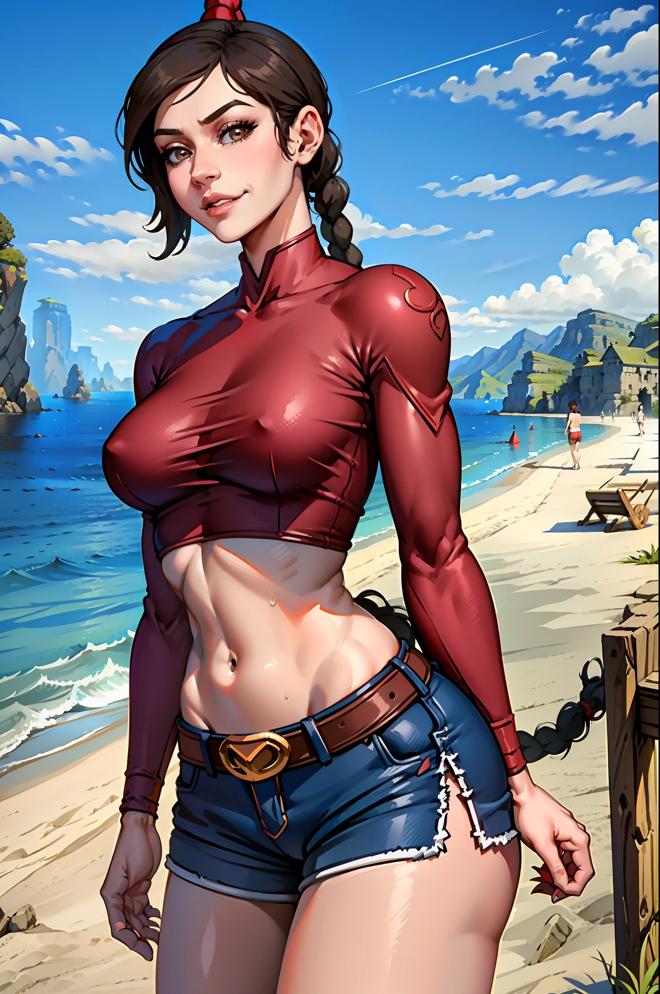 ultra-realistic 8K CG, masterpiece, ((ultra detailed background, fine drawing, intricate details, high detail, better quality fine details, hyper-detailed face)), (photorealistic: 1.4), beautiful lighting, absurdity, RAW photo, film grain, TyLee, 1girl, solo, brown hair, braid, smile, long hair, brown eyes, navel, belly, braided tail, (short shorts, wet shirt), (medium breasts, slim girl, wide hips, ass), wet face, , a lot of, squats, legs spread, ((complex detailed background, outside, medieval background, blue sky, tavern)), erotica, wet skin