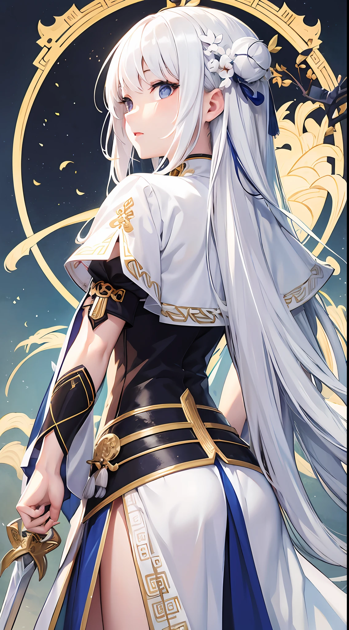 White-haired girl holding a sword looking into the distance manga Hong Huang Back Chinese style --auto --s2