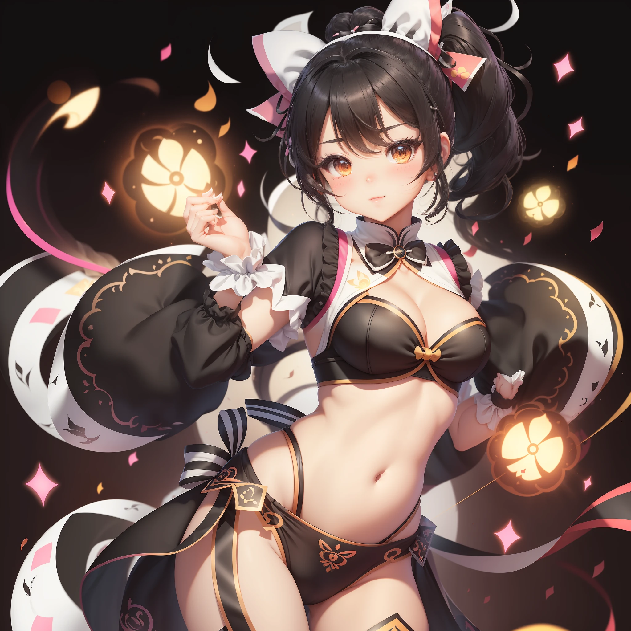 (Cute: 1.1 + card ventilation + two-dimensional + bright colors), (Taoist + charm) black and white wind + contour line emphasis, double ponytail, bow costume + belly pocket, visual center navel, blurred background. --auto --s2