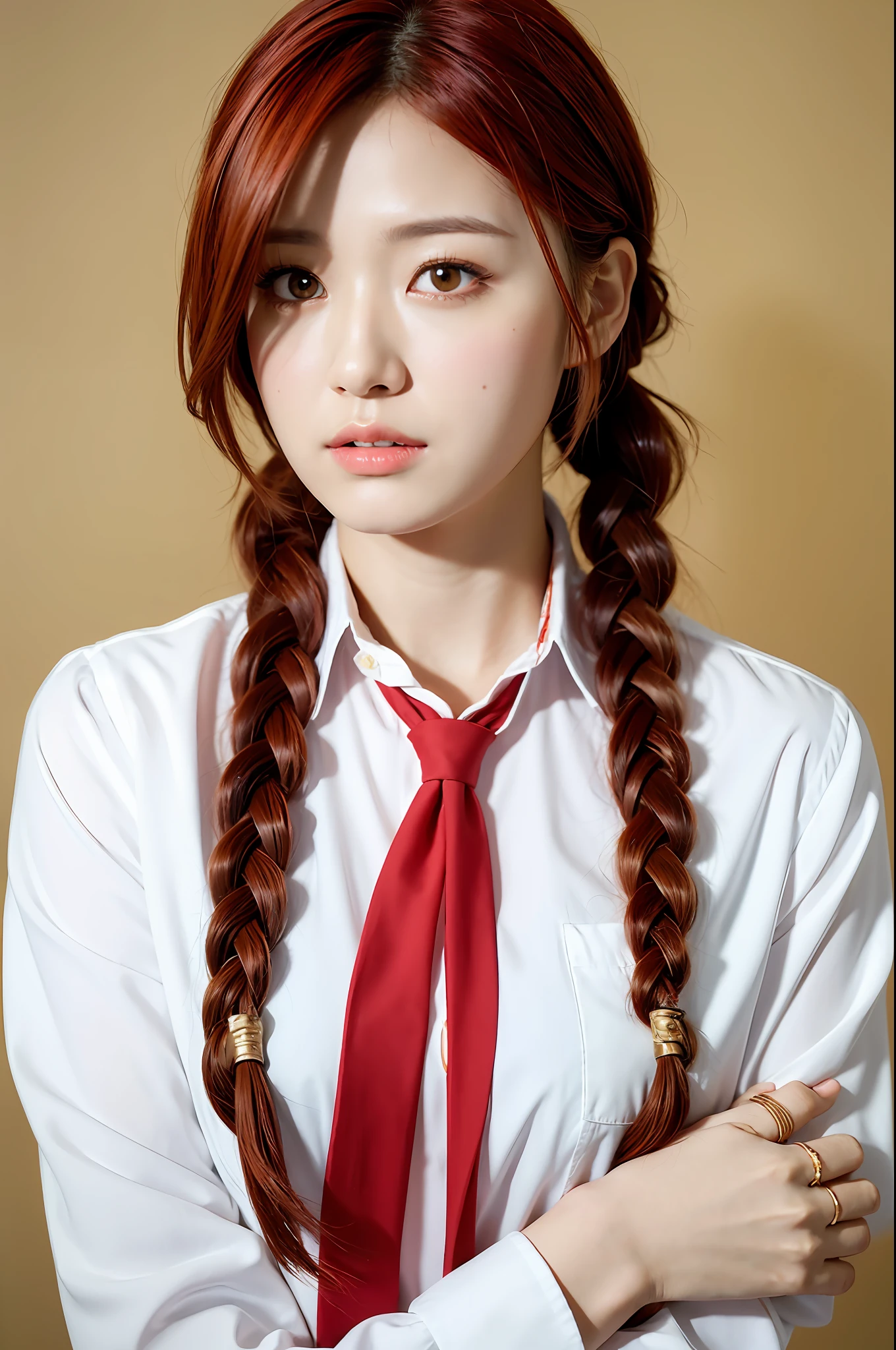 masterpiece, (photorealistic:1.4), best quality, beautiful lighting,
(ulzzang-6500:0.5), makima \(chainsaw man\), (red hair)+(long braided hair)+(bangs), yellow eyes, golden eyes, ((ringed eyes)), (white shirt), (necktie),
RAW photo, 8k uhd, film grain