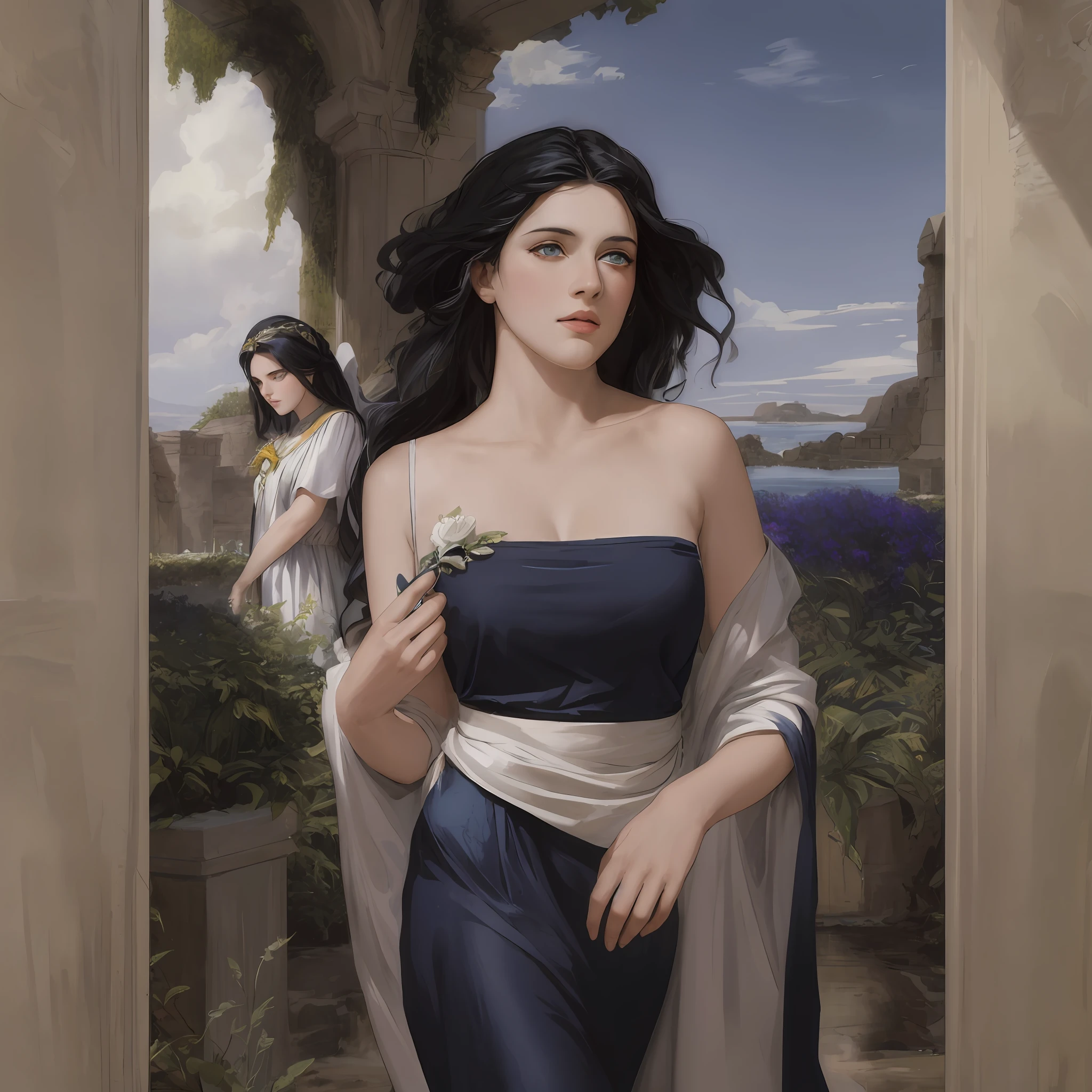 ((masterpiece)), ((best quality)), ((ultra-detailed)), illustration, ancient Greece, a woman with black hair and blue eyes dressed as a priestess, wearing a white western classical dress, without any exposure, lying on her side , pious, indifferent, mysterious, with an ancient greek garden in the background, colorful flowers, blue pools and fountains, surrounded by greenery
