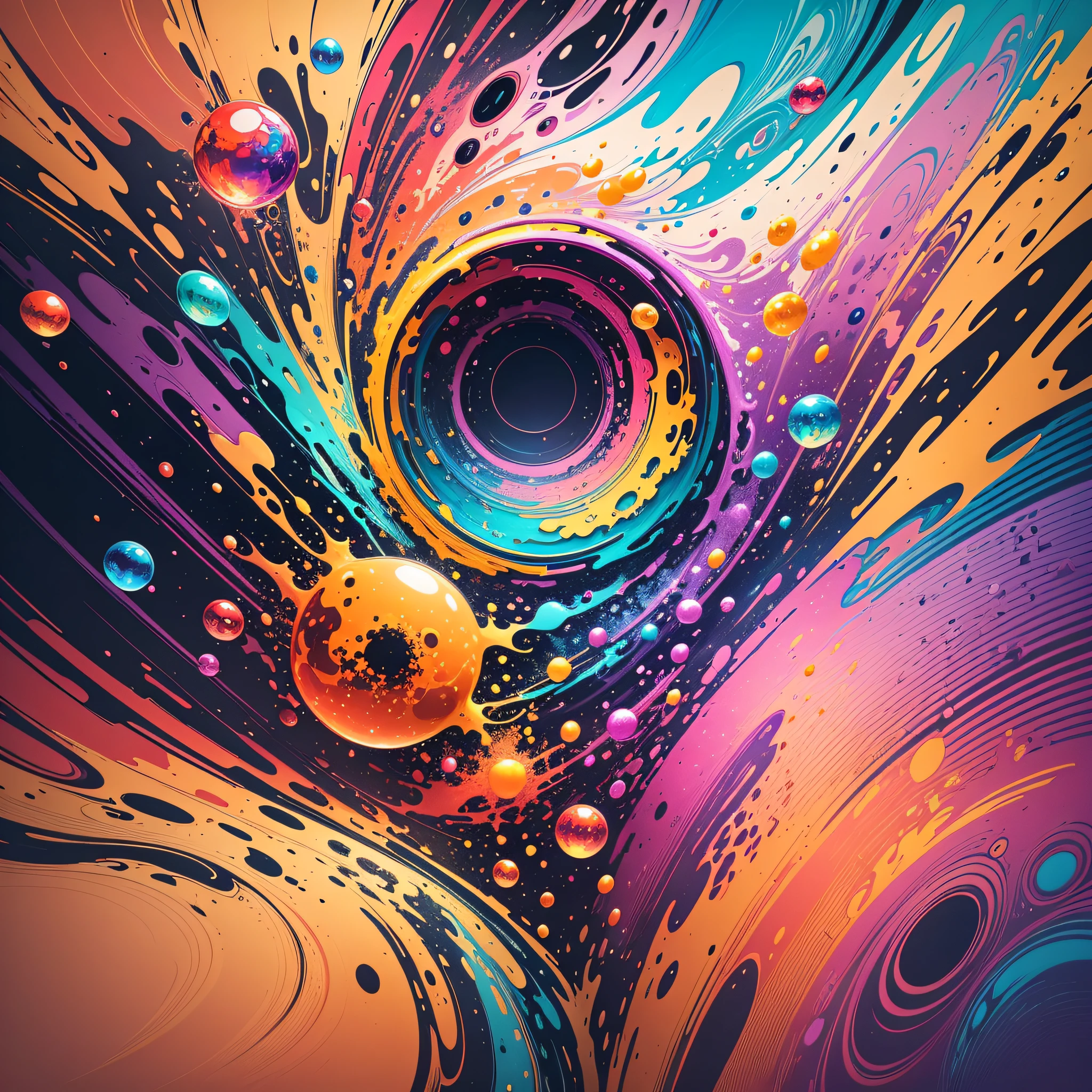 a mesmerizing abstract artwork featuring a symphony of vivid colors, by ChromaBrush Art, seamless color gradients, bold and intricate lines and curves, playful bubbles floating in space, spontaneous paint splatters and splashes, textural depth, harmonious composition, visual feast for the eyes --auto --s2