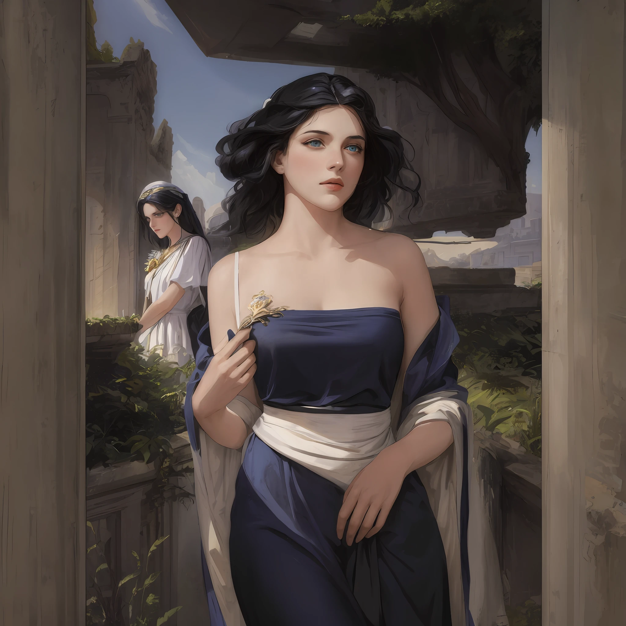 ((masterpiece)), ((best quality)), ((ultra-detailed)), illustration, ancient Greece, a woman with black hair and blue eyes dressed as a priestess, wearing a white western classical dress, without any exposure, lying on her side , pious, indifferent, mysterious, with an ancient greek garden in the background, colorful flowers, blue pools and fountains, surrounded by greenery