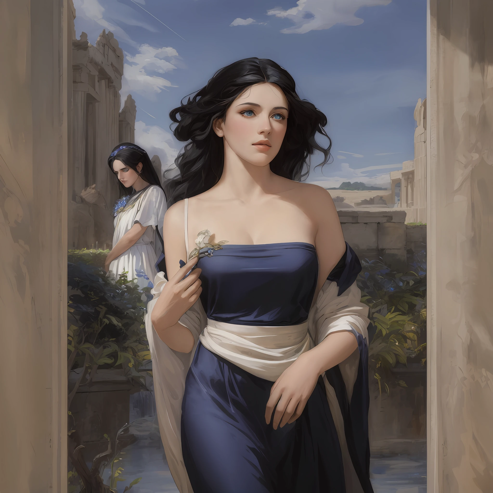 ((masterpiece)), ((best quality)), ((ultra-detailed)), illustration, ancient Greece, a woman with black hair and blue eyes dressed as a priestess, wearing a white western classical dress, without any exposure, lying on her side , pious, indifferent, mysterious, with an ancient greek garden in the background, colorful flowers, blue pools and fountains, surrounded by greenery