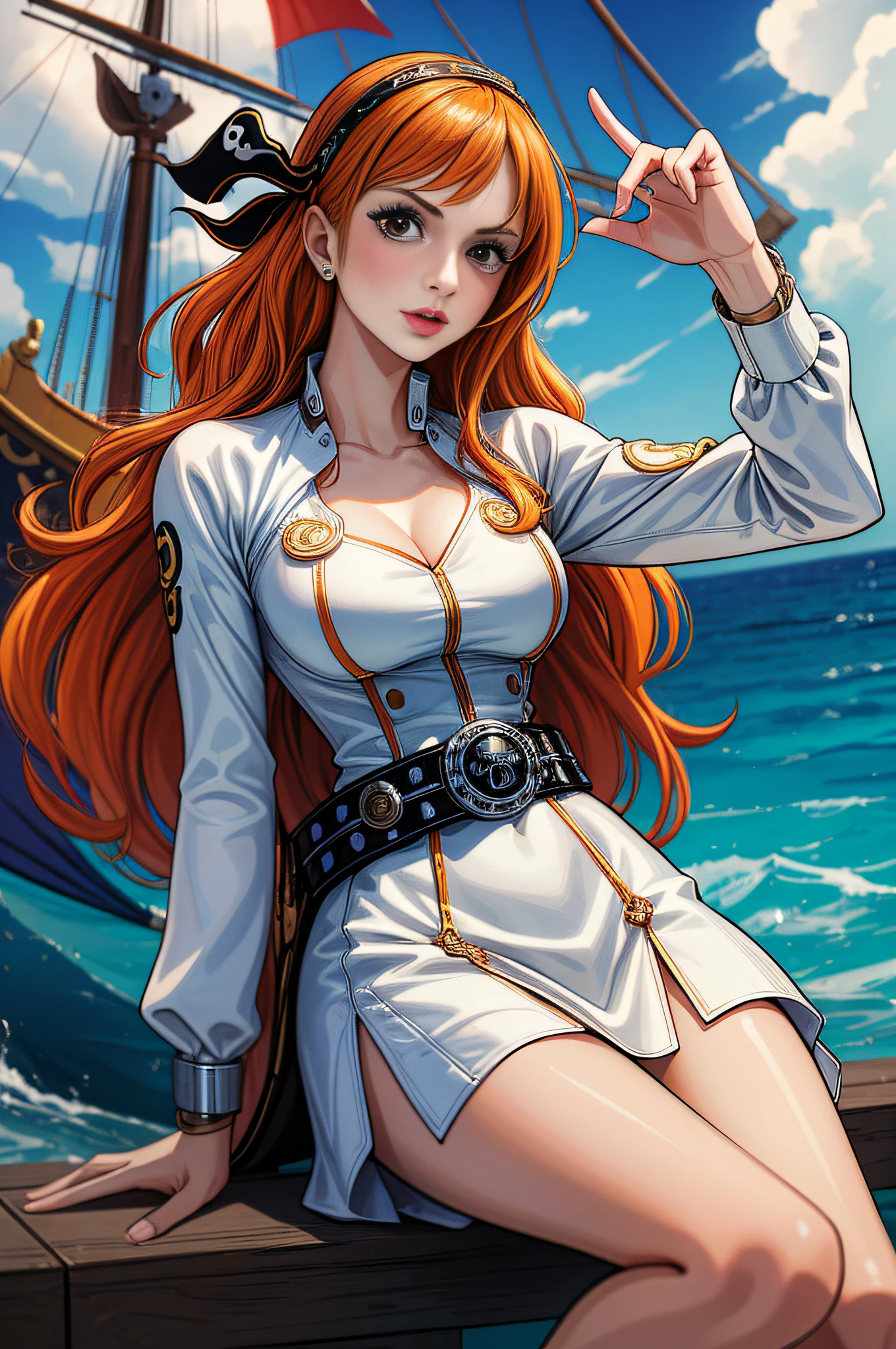 (((masterpiece+best quality+high resolution+ultra-detailed))), 1girl with clima-tact, Nami, long silky orange hair, high nose, sharp eyes, noble and inviolable temperament, (([female]: 1.2 + [beauty]: 1.2 + orange long hair: 1.2)), pirate ship background, blue sky, clouds, bracelets, white long sleeve mini dress and donned another belt, bright eyes, dynamic angle and posture.