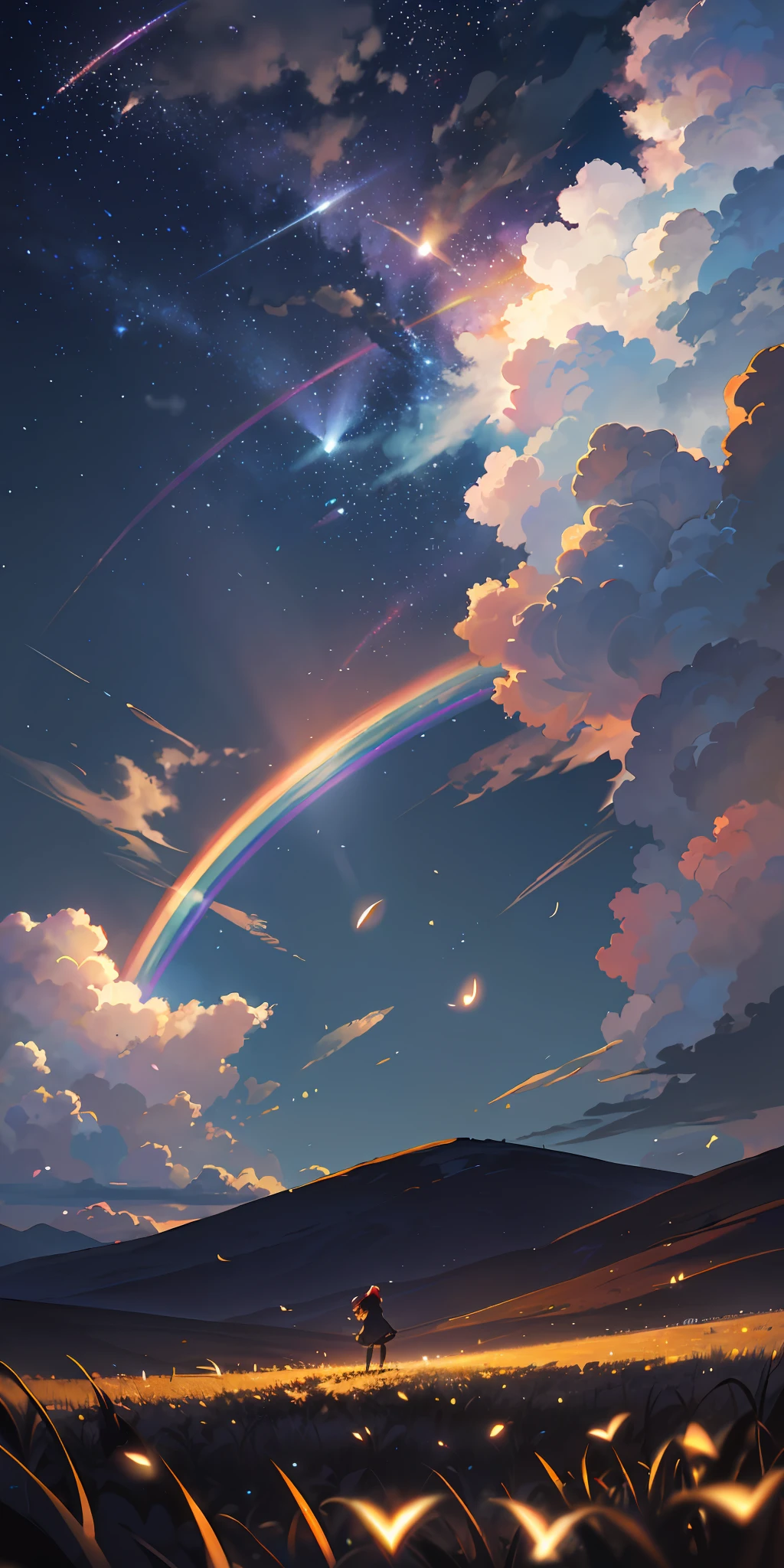 Vast landscape photo, (viewed from below, the sky is above and the open field is below), a girl standing on a flower field looking up, (full moon: 1.2), (meteor: 0.9), (nebula: 1.3), distant mountains , Trees BREAK Crafting Art, (Warm Light: 1.2), (Fireflies: 1.2), Lights, Lots of Purple and Orange, Intricate Details, Volumetric Lighting, Realism BREAK (Masterpiece: 1.2), (Best Quality), 4k, Ultra-Detailed, (Dynamic Composition: 1.4), Very Detailed, Colorful Details, (Rainbow Colors: 1.2), (Glow Lighting, Atmospheric Lighting), Dreamy, Magical, (Solo: 1.2)