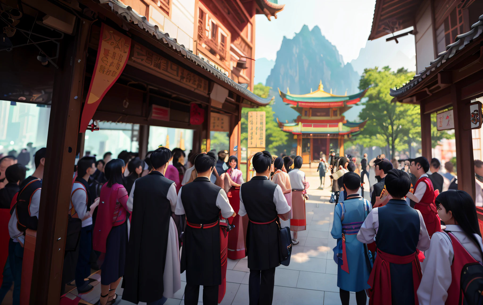 there are many people standing in a line outside of a building, rossdraws global illumination, artwork in the style of guweiz, g liulian art style, trending on cgstation, ross tran. scenic background, inspired by Yang Buzhi, atey ghailan 8 k, by Zou Yigui, digital painting concept art, 8 k resolution digital painting