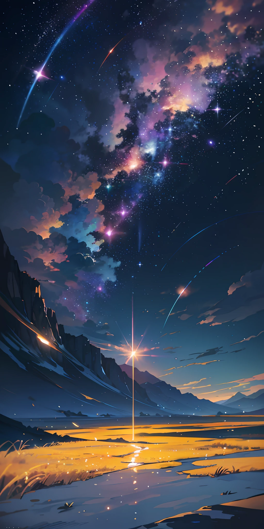 Vast landscape photo, (viewed from below, the sky is above and the open field is below), a girl standing on a flower field looking up, (full moon: 1.2), (meteor: 0.9), (nebula: 1.3), distant mountains , Trees BREAK Crafting Art, (Warm Light: 1.2), (Fireflies: 1.2), Lights, Lots of Purple and Orange, Intricate Details, Volumetric Lighting, Realism BREAK (Masterpiece: 1.2), (Best Quality), 4k, Ultra-Detailed, (Dynamic Composition: 1.4), Very Detailed, Colorful Details, (Rainbow Colors: 1.2), (Glow Lighting, Atmospheric Lighting), Dreamy, Magical, (Solo: 1.2)