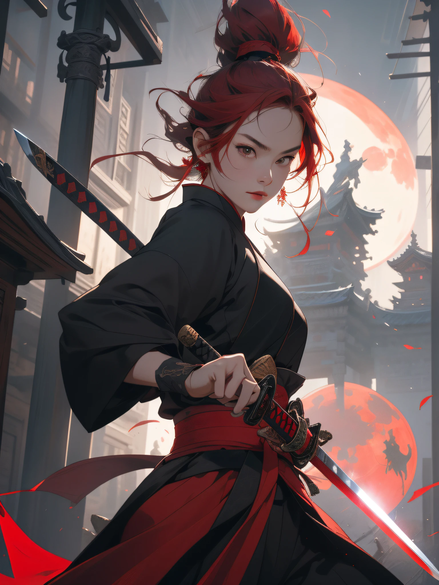 Best Quality, Masterpiece, Ultra High Resolution, Poster, 4K, Fantasy Art, Dynamic Lighting, Art Station, Poster, Volumetric Lighting, Very Detailed Faces, 4k Wallpaper, Award-Winner, A Girl with a Sword, Red Head Rope, Katana, Holding a Great Sword, Demon Samurai, Black Clothes, Hair Flying, Red Belt, Red Sword Qi, Dramatic Katana Wielding Pose, (Ultra: 1.4), Ancient Chinese Architecture Background, A Round of Red Moon,