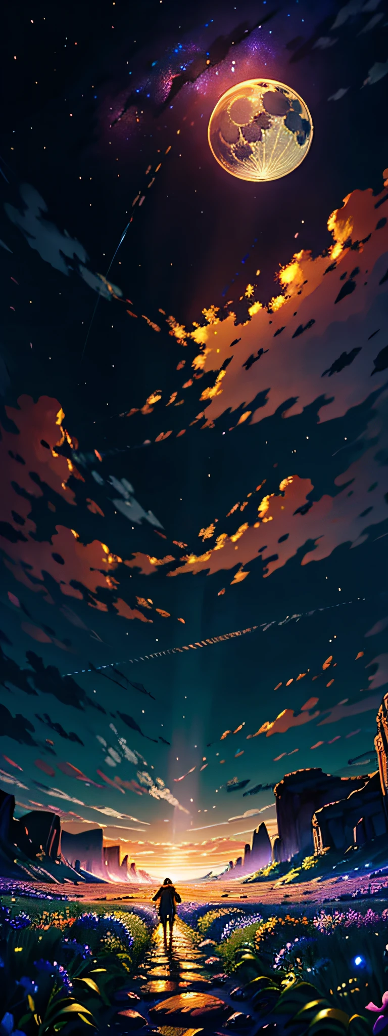 A wide landscape photo, (viewed from below, the sky is above, and the open field is below), a girl standing on a flower field looking up, (full moon: 1.2), (meteor: 0.9), (nebula: 1.3), distant mountains , Trees BREAK Crafting Art, (Warm Light: 1.2), (Firefly: 1.2), Lights, Lots of Purple and Orange, Intricate Details, Volumetric Lighting BREAK (Masterpiece: 1.2), (Best Quality), 4k, Ultra Detailed, (Dynamic Composition: 1.4), Rich in Detail and Color, (Rainbow Color: 1.2), (Glow, Atmospheric Lighting), Dreamy, Magical, (Solo: 1.2)