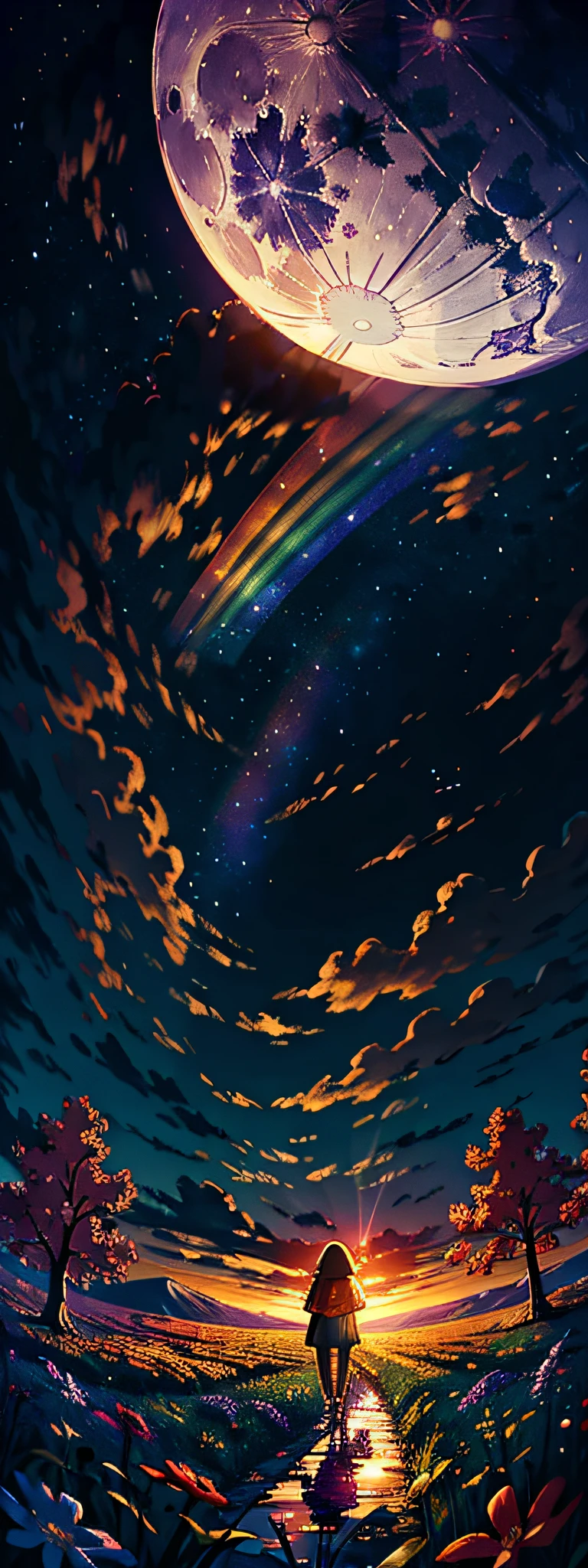 A wide landscape photo, (viewed from below, the sky is above, and the open field is below), a girl standing on a flower field looking up, (full moon: 1.2), (meteor: 0.9), (nebula: 1.3), distant mountains , Trees BREAK Crafting Art, (Warm Light: 1.2), (Firefly: 1.2), Lights, Lots of Purple and Orange, Intricate Details, Volumetric Lighting BREAK (Masterpiece: 1.2), (Best Quality), 4k, Ultra Detailed, (Dynamic Composition: 1.4), Rich in Detail and Color, (Rainbow Color: 1.2), (Glow, Atmospheric Lighting), Dreamy, Magical, (Solo: 1.2)