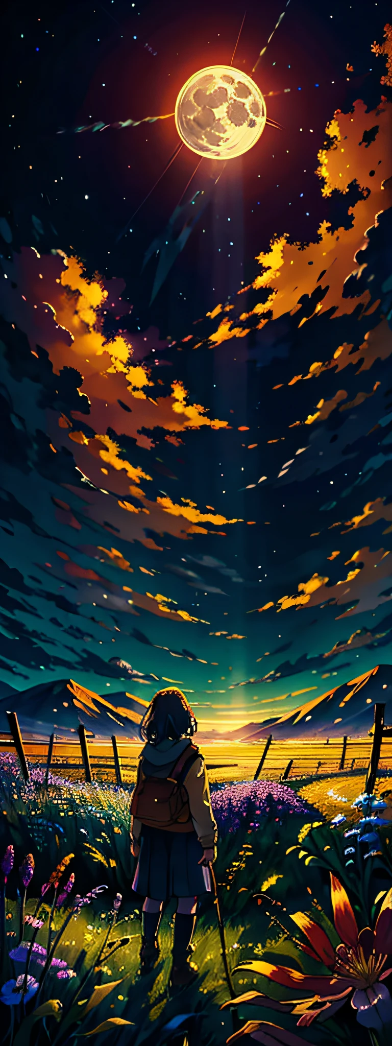 A wide landscape photo, (viewed from below, the sky is above, and the open field is below), a girl standing on a flower field looking up, (full moon: 1.2), (meteor: 0.9), (nebula: 1.3), distant mountains , Trees BREAK Crafting Art, (Warm Light: 1.2), (Firefly: 1.2), Lights, Lots of Purple and Orange, Intricate Details, Volumetric Lighting BREAK (Masterpiece: 1.2), (Best Quality), 4k, Ultra Detailed, (Dynamic Composition: 1.4), Rich in Detail and Color, (Rainbow Color: 1.2), (Glow, Atmospheric Lighting), Dreamy, Magical, (Solo: 1.2)