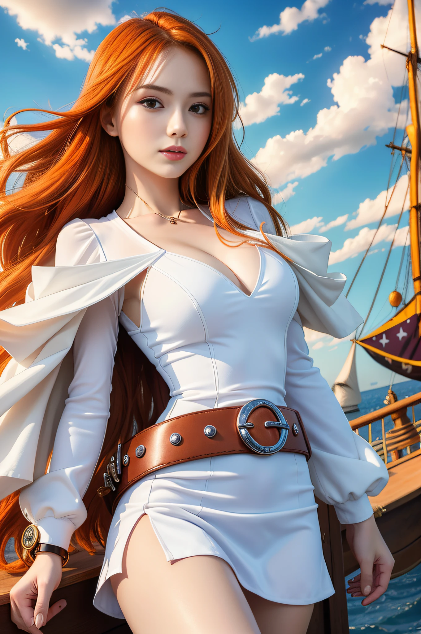 (((masterpiece+best quality+high resolution+ultra-detailed))), 1girl with clima-tact, Nami, long silky orange hair, high nose, sharp eyes, noble and inviolable temperament, (([female]: 1.2 + [beauty]: 1.2 + orange long hair: 1.2)), pirate ship background, blue sky, clouds, bracelets, white long sleeve mini dress and donned another belt, bright eyes, dynamic angle and posture.