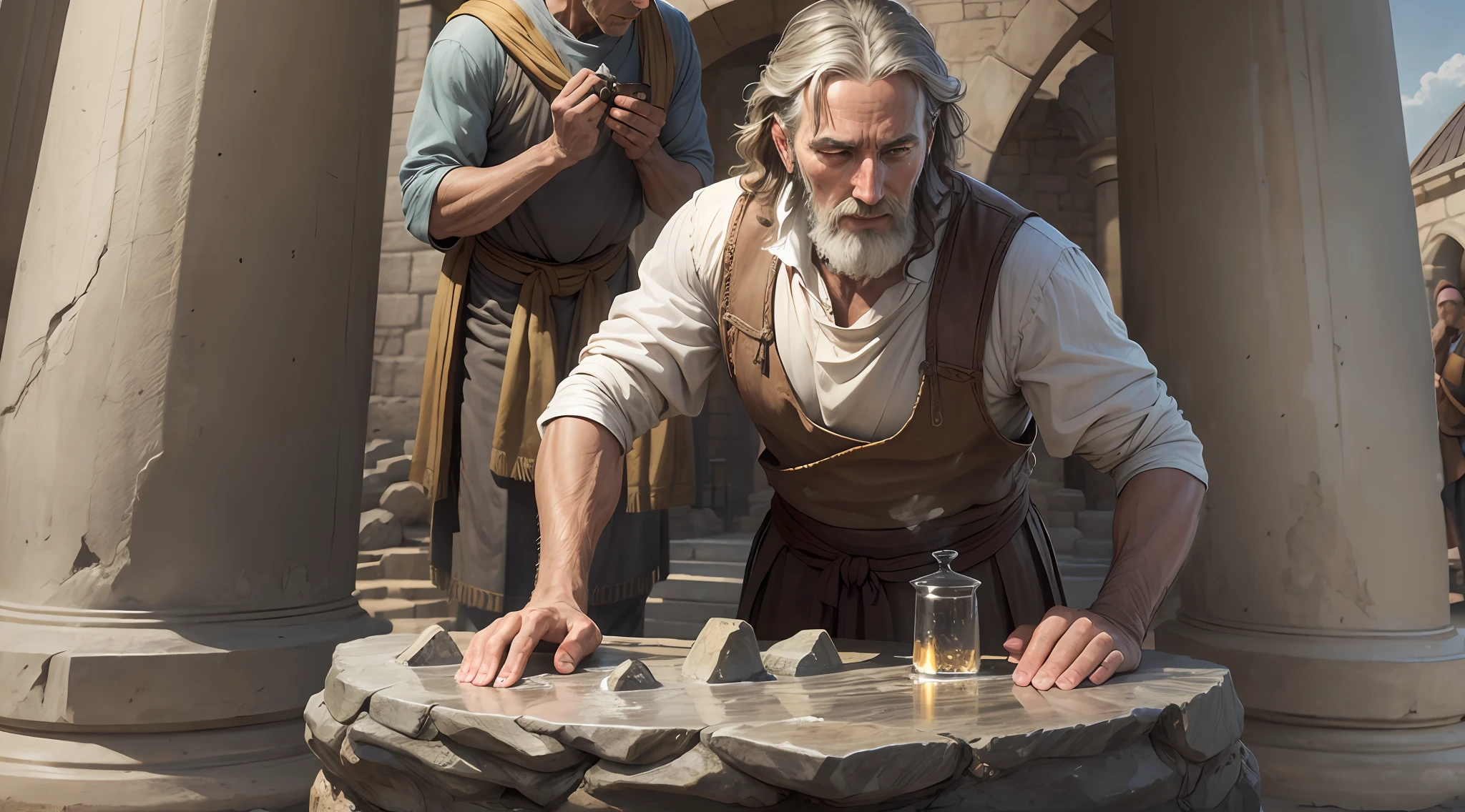 In clothes from biblical times, 40-year-old Jacob poured oil on the stone column at Bethel with a detailed face.