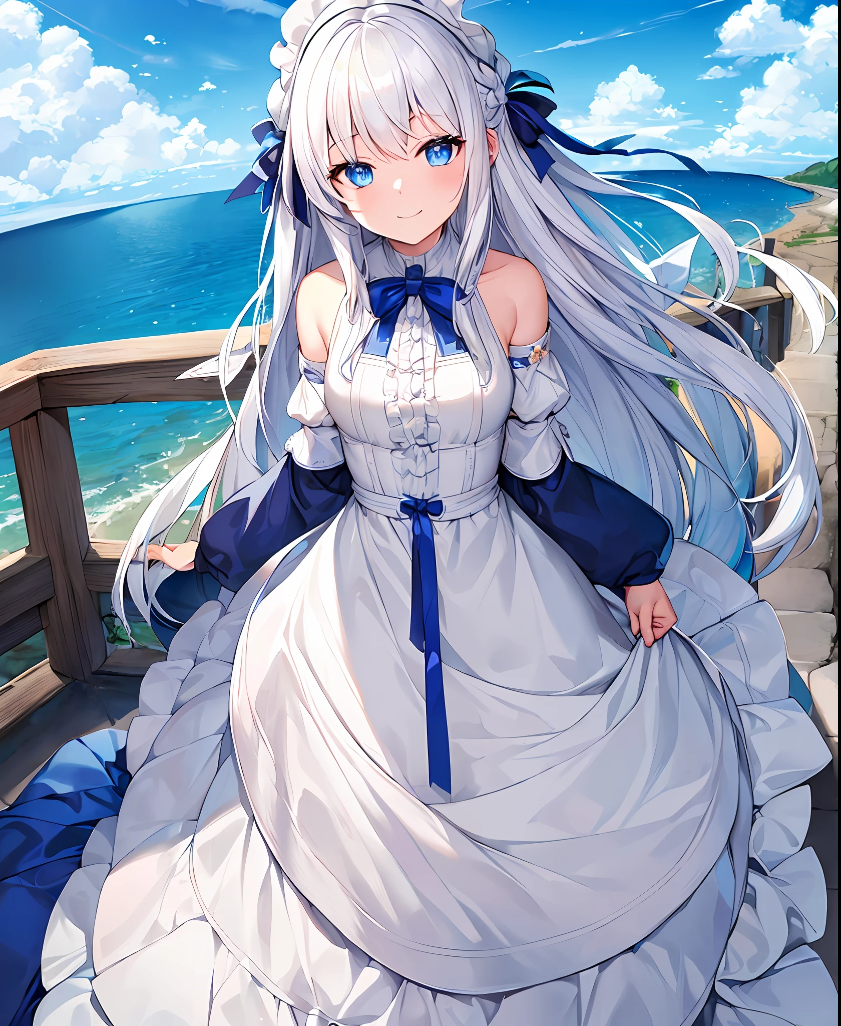((best quality, masterpiece)), white hair, blue eyes, 1 girl, little cut, braid, white dress, sea, road, hair ornament, ribbon on hair, blue sky, smile
