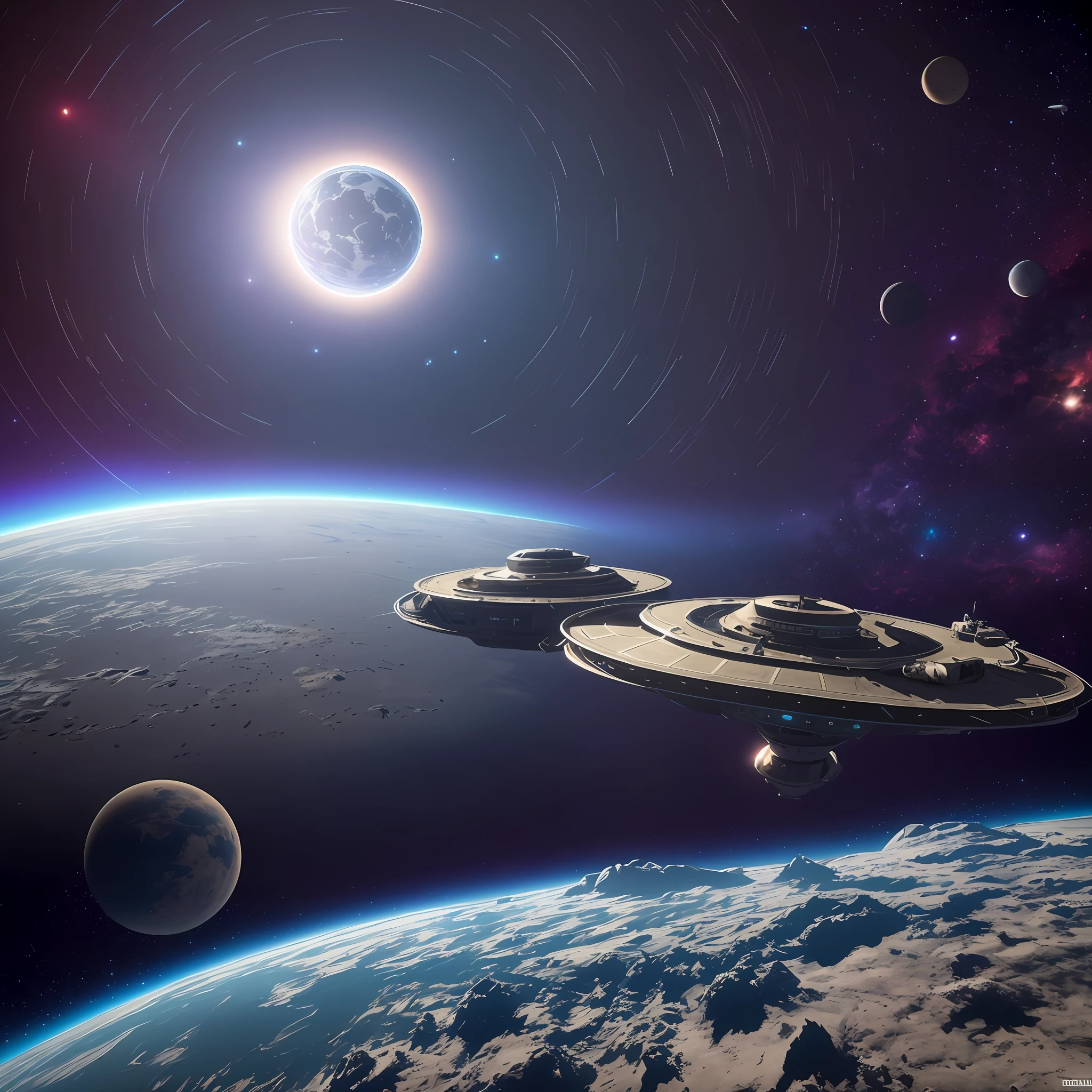 Unreal Engine rendered, hyper-real, realistic, in the endless darkness of space, there is only a strange planet in the distance, a huge ring-shaped spaceship, fully equipped, docked above the planet, close to the perspective of the spacecraft, dark picture, spaceship details