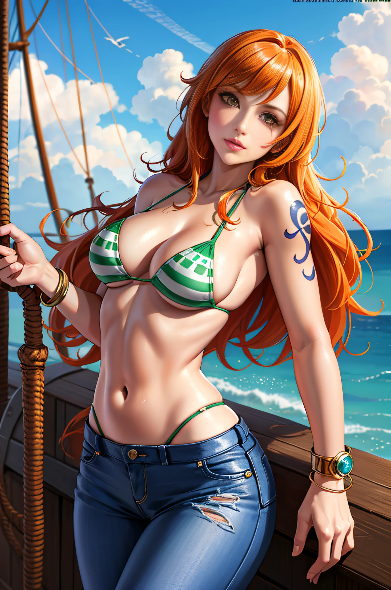 (((masterpiece+best quality+high resolution+ultra-detailed))), 1girl with clima-tact, Nami, long silky orange hair, high nose, sharp eyes, noble and inviolable temperament, (([female]: 1.2 + [beauty]: 1.2 + orange long hair: 1.2)), pirate ship background, blue sky, clouds, log pose, gold bracelets, revealing green and white bikini halter top, tight low-rider jeans, shoulder tattoo, bright eyes, dynamic angle and posture.