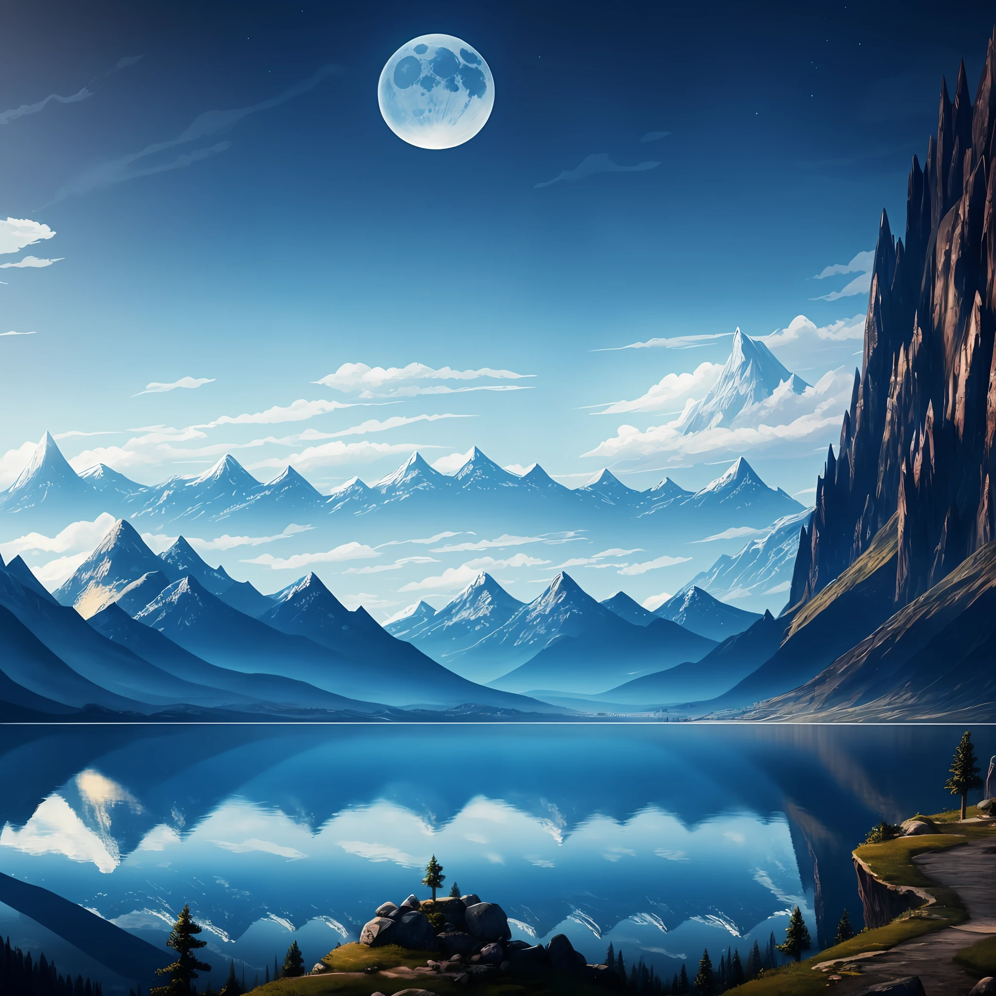 mountains and a lake with a moon in the sky, 4k highly detailed digital art, 4 k hd wallpaper very detailed, impressive fantasy landscape, sci-fi fantasy desktop wallpaper, unreal engine 4k wallpaper, 4k detailed digital art, sci-fi fantasy wallpaper, epic dreamlike fantasy landscape, 4k hd matte digital painting, 8k stunning artwork
