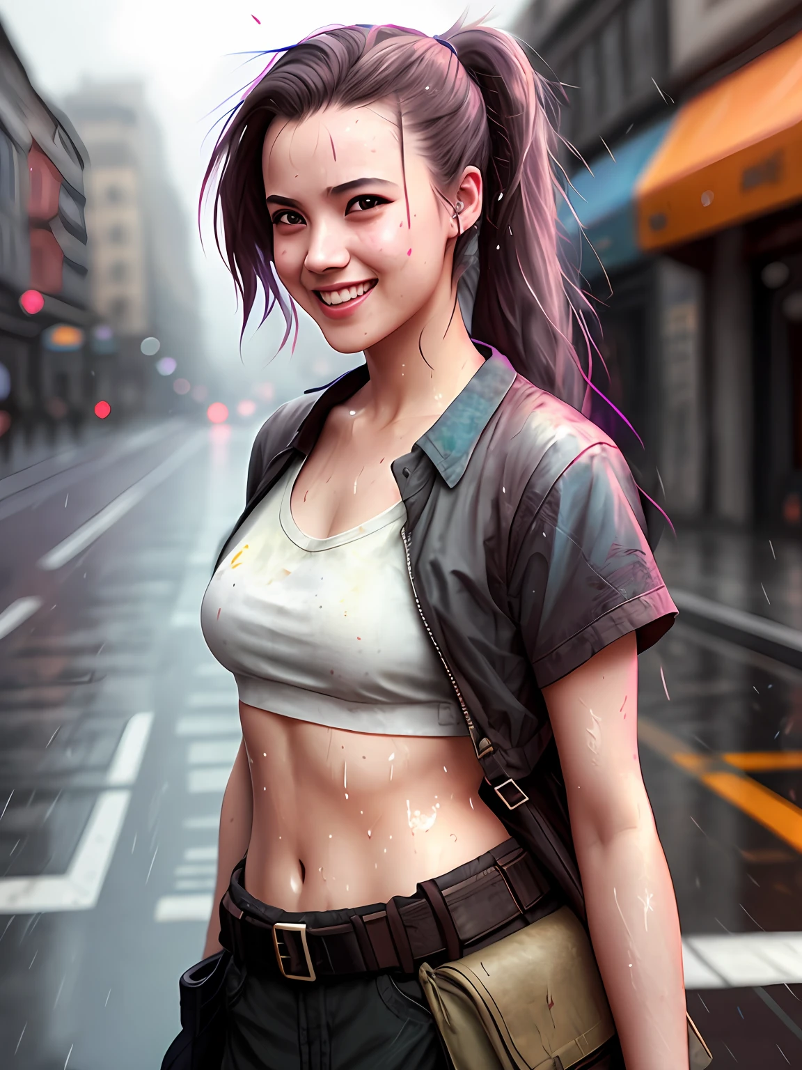 1girl, Chinese elements, Guo Furong, depth of field, photo, movie, face, thin, laugh, collarbone, teeth, movie, camisole vest, short ear hair, black hair, night, muscle, realistic lighting