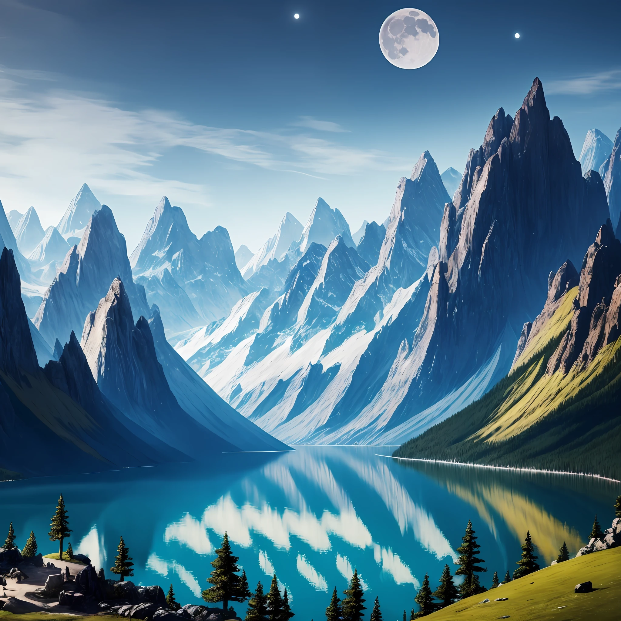 mountains and a lake with a moon in the sky, 4k highly detailed digital art, 4 k hd wallpaper very detailed, impressive fantasy landscape, sci-fi fantasy desktop wallpaper, unreal engine 4k wallpaper, 4k detailed digital art, sci-fi fantasy wallpaper, epic dreamlike fantasy landscape, 4k hd matte digital painting, 8k stunning artwork