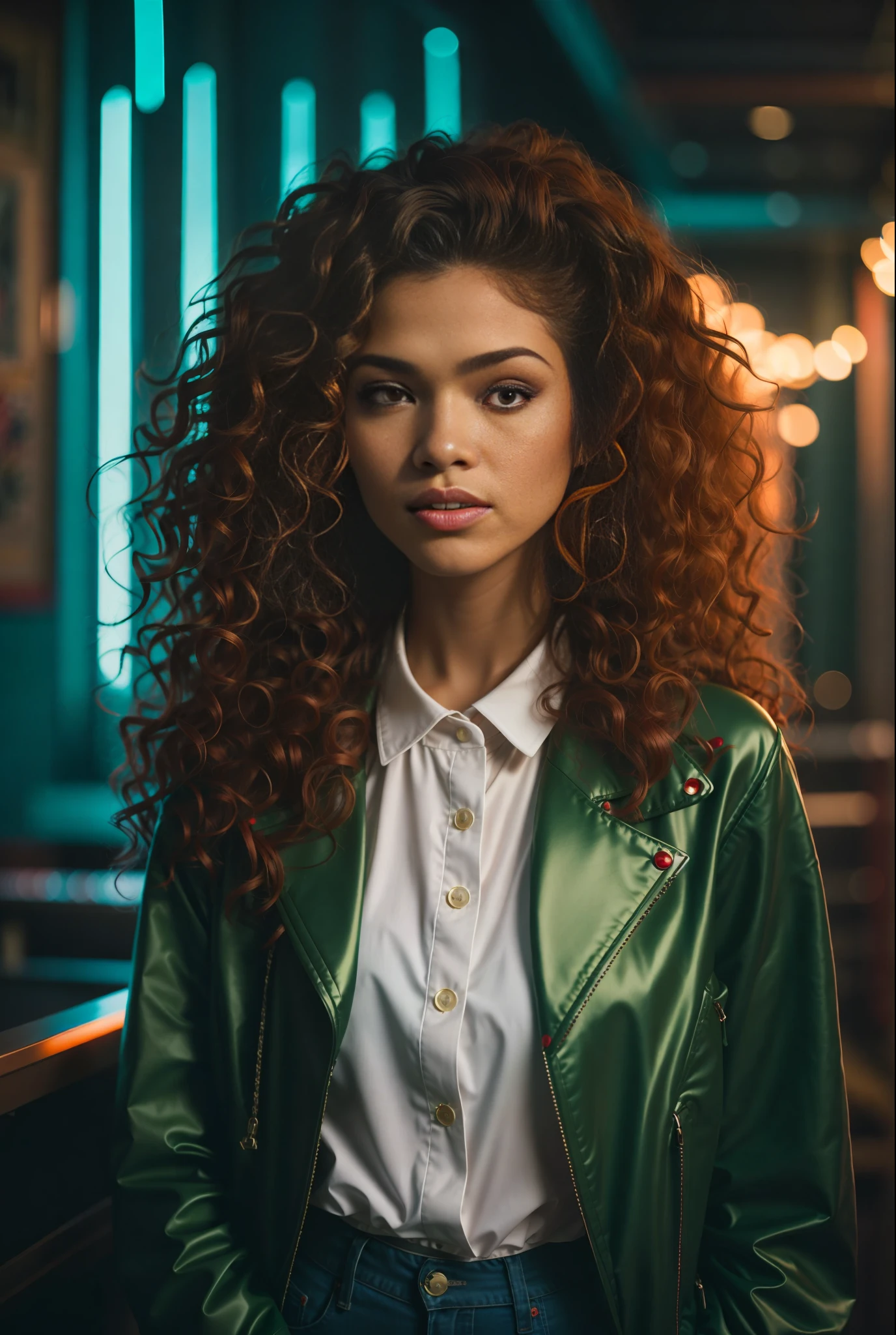 a closeup of a woman with long curly hair wearing a red jacket, zendaya, photographic portrait, mid shot portrait, sophie mudd portrait, high quality portrait, editorial portrait, neon jungle, wearing red jacket, album art, by Emma Andijewska, by Galen Dara, photoshoot, color portrait, portrait portrait, (Curly hair in high quality)