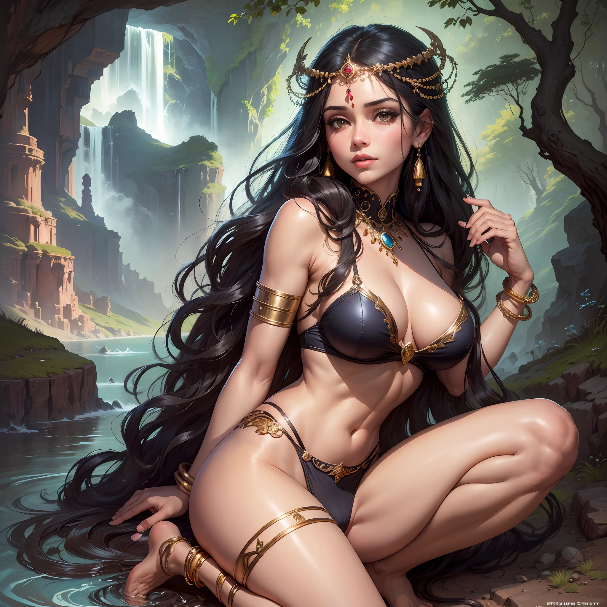 ((Real: 1.5)), ((Best Quality)), ((Masterpiece)), ((Detail)), (1 girl), {Beautiful Woman in Sally}, (Upper Body: 1.3), Ultra Wide Angle Lens, Face Focus, Mature, Sexy, Toned Muscles, Long Legs, Curvaceous, Barefoot, Medium Breasts, Open cleavage, Saggy breasts, Thick Thighs, Wide hips, Thin legs, Green eyes, Long black hair, Floating hair, Long eyelashes, ( detailed face, beautiful eyes, detailed pupils, detailed clothing features, Clear background: 1.3), (Bindi, Jumkas: 1.3), (Armlet, Haar, Payal, Maantikka, Jumkas, Kamalband, Bangle: 1.3), mysterious ancient ruins, lush forests, deep canyons, bridges, rivers, cliffs, clouds, lakes, rocks, waterfalls, flowers, grass, fog, vines, trees, smoke, best shadows, bright details, sharp, Perfect composure, complex and sharp focus, dramatic, Frank Frazetta, Julie Bell, Olivia de Berardinis, Luis Royo, Boris Vallejo, (specular: 1.3), rim lights, princess, royal skimpy underwear, squatting --auto --s2