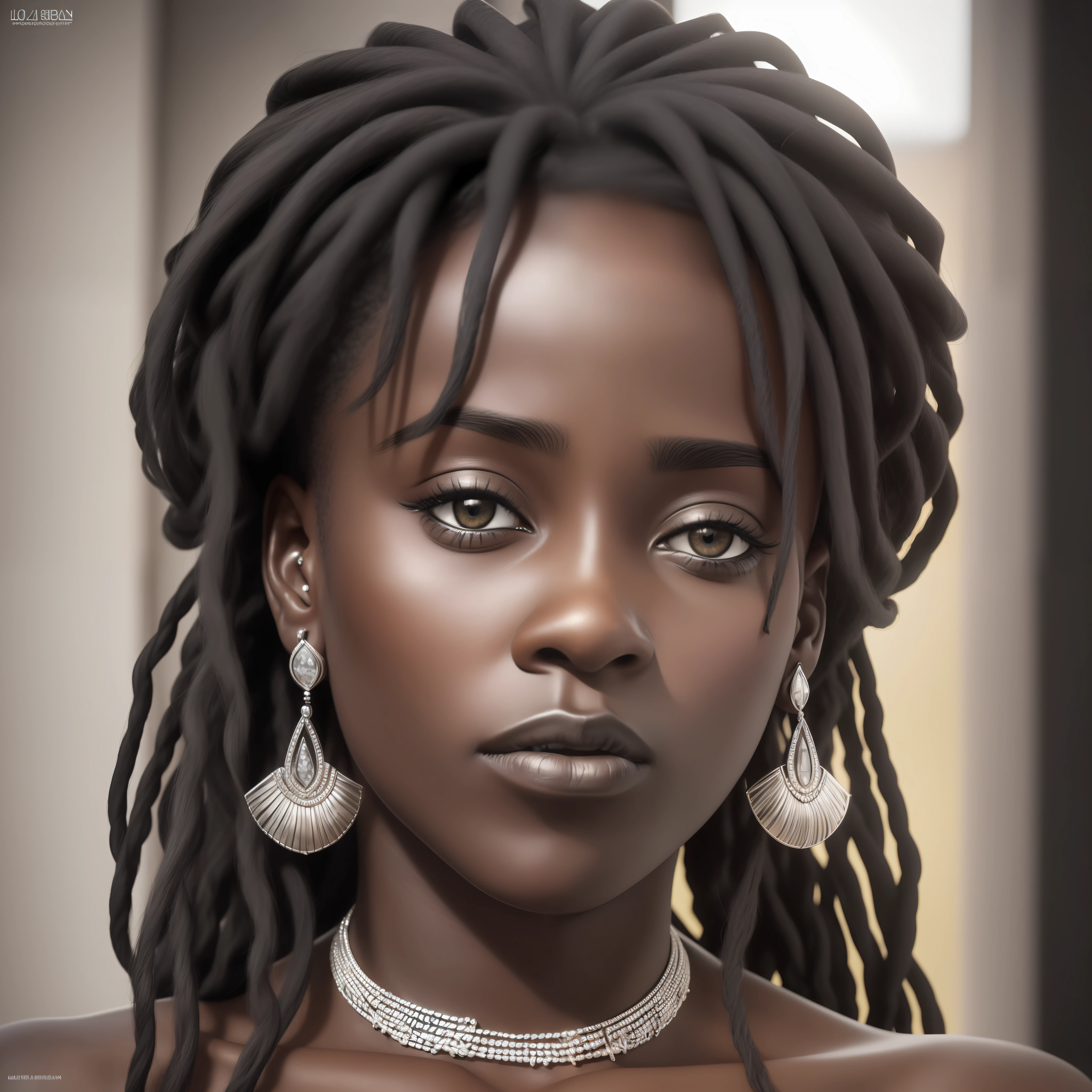 (((Face seen up close))), Photorealism, masterpiece, best quality, play of light, window, detailed and realistic skin, HDR, woman of (((black skin))), Senegal, detailed face, striking lips, dread hair, hair stuck, jewelry, silver, earrings, detailed hair, detailed eyes, black eyes, open sky background, sunlight,