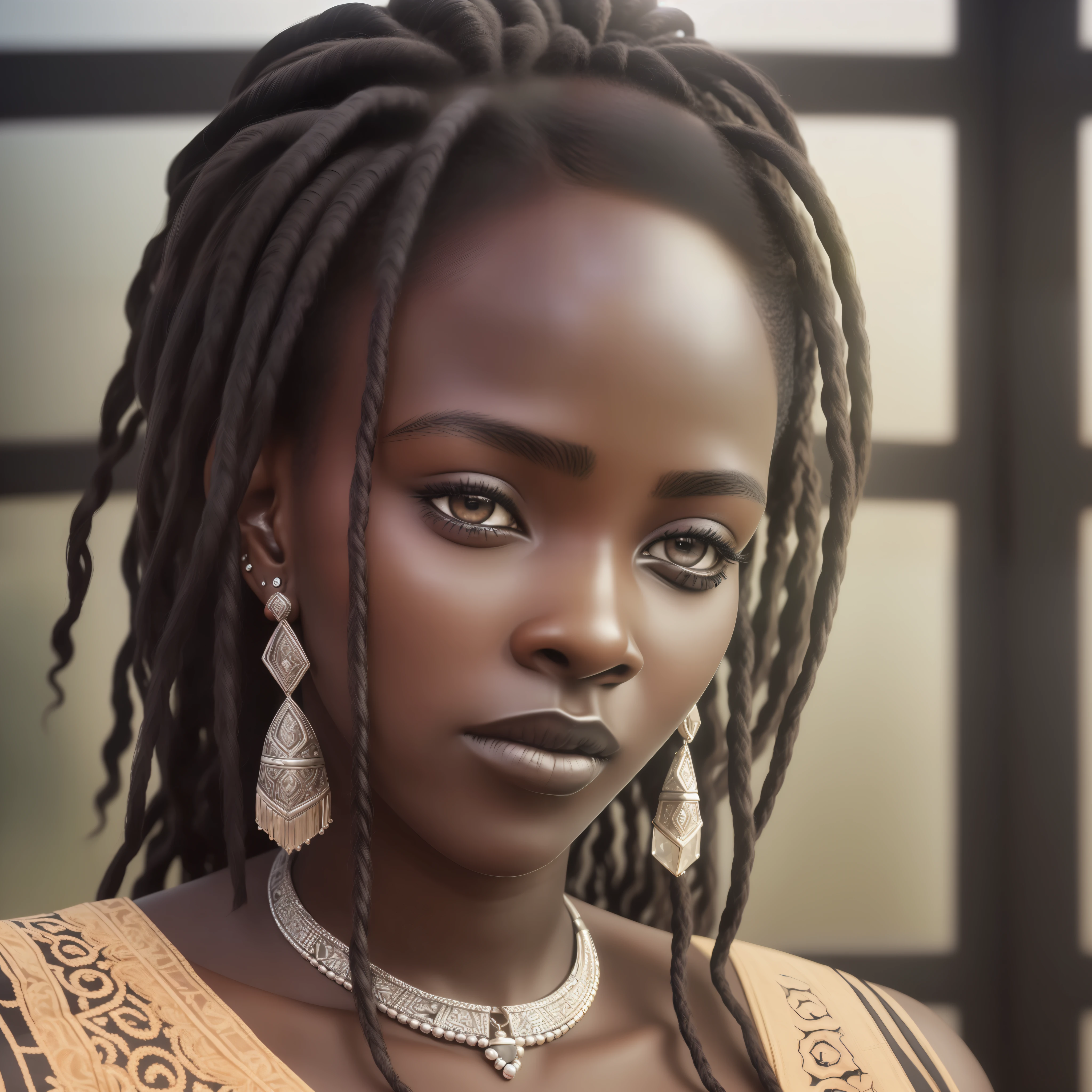 (((Face seen up close))), Photorealism, masterpiece, best quality, play of light, window, detailed and realistic skin, HDR, woman of (((black skin))), Senegal, detailed face, striking lips, dread hair, hair stuck, jewelry, silver, earrings, detailed hair, detailed eyes, black eyes, open sky background, sunlight,