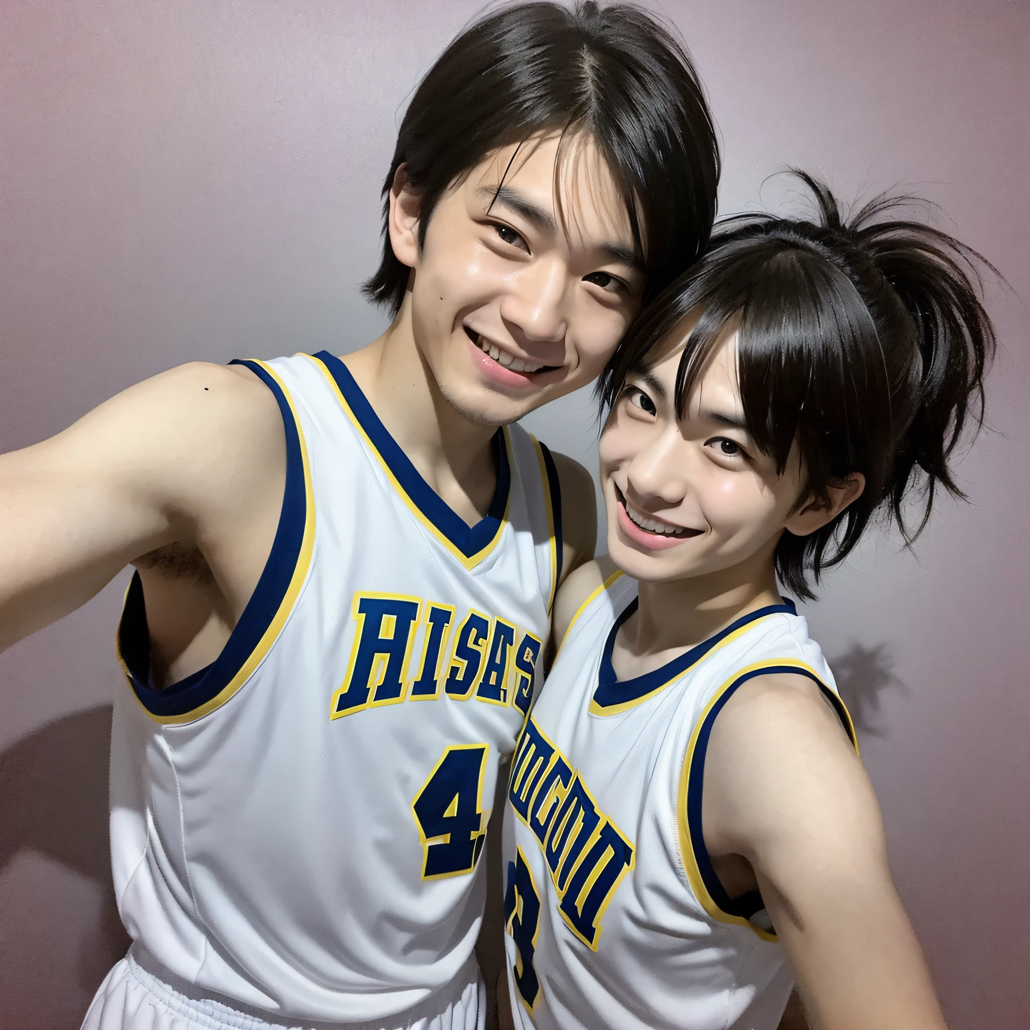 Two Japanese male high school students.
They are wearing matching sleeveless basketball uniforms.
They are smiling and have their arms around each other's shoulders.
The image should be rendered in a realistic photographic style.
It should have a casual and "selfie" vibe, as if taken with a smartphone.
It is important to avoid an artistic or illustrated look; the image should stay true to a realistic photograph. --auto --s2