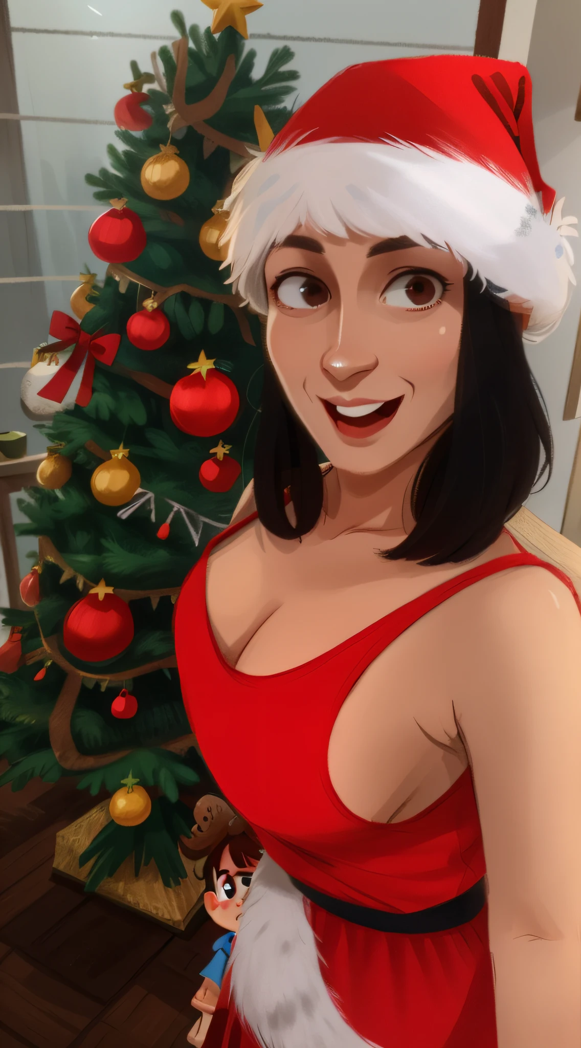 Araffe dressed in Santa Claus outfit in a T-shirt posing for a photo, long pointed nose!!, narrow eyes!, big breasts 3 0 years old woman, 30 years old, with a tree in the background, 3 2 years old, Anna Nikonova aka newmilky, 2 8 years old, 2 7 years old, 2 2 years old, 21 years old, 2 9 years old, 2 4 years old