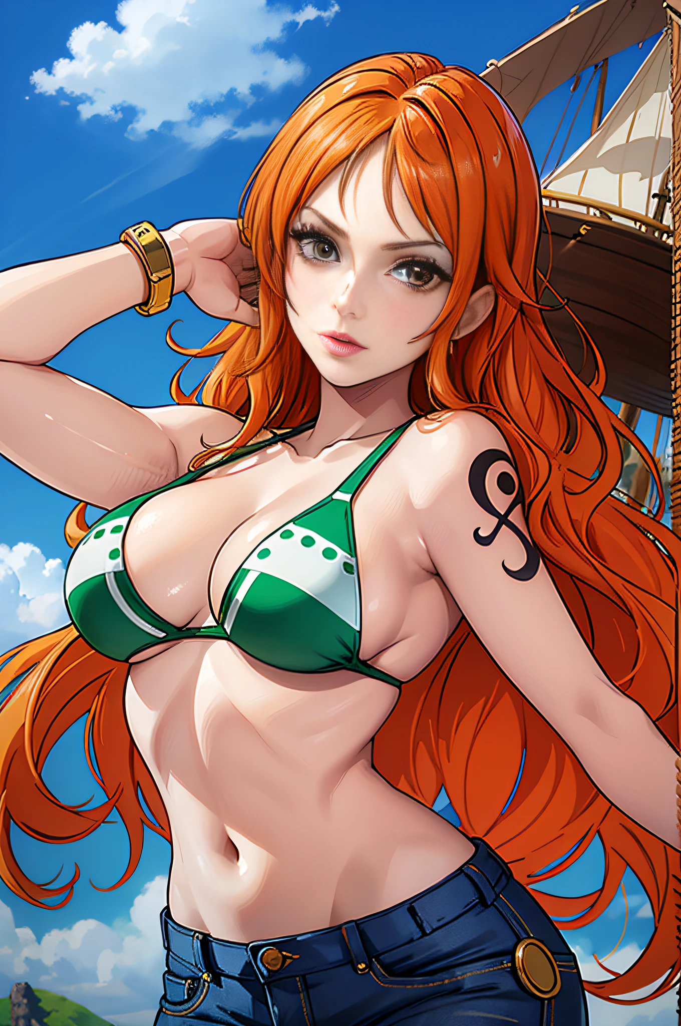 (((masterpiece+best quality+high resolution+ultra-detailed))), 1girl with clima-tact, Nami, long silky orange hair, high nose, sharp eyes, noble and inviolable temperament, (([female]: 1.2 + [beauty]: 1.2 + orange long hair: 1.2)), pirate ship background, blue sky, clouds, log pose, gold bracelets, revealing green and white bikini halter top, tight low-rider jeans, shoulder tattoo, bright eyes, dynamic angle and posture.