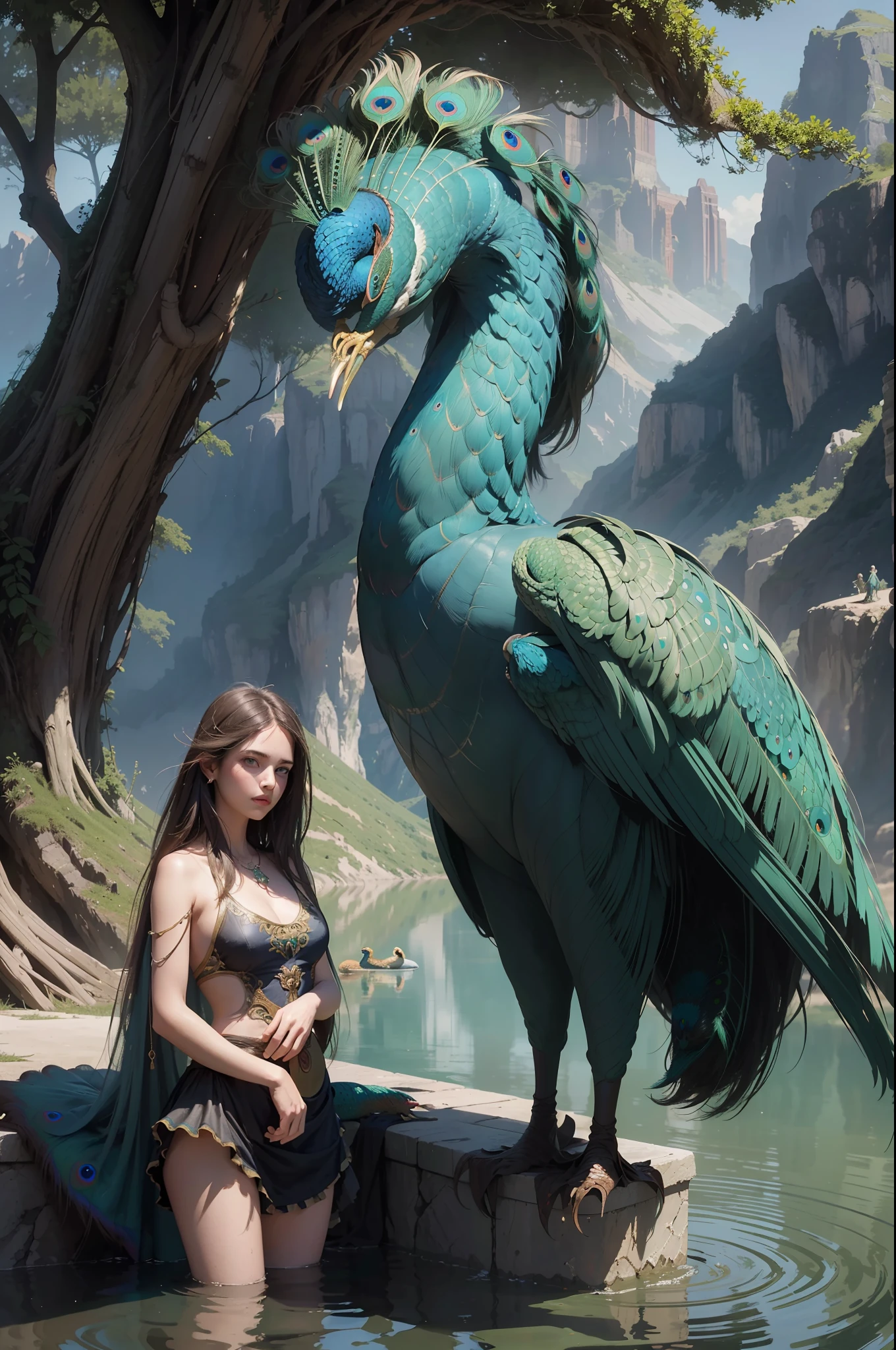 fantastic realism, masterpiece, super detailed, 1 beautiful girl, hugging a giant peacock, plain, background lake, detailed background, (top quality, Alessandro Casa Grande, Greg Rutkowski, Sally Mann, concept art, 4k),