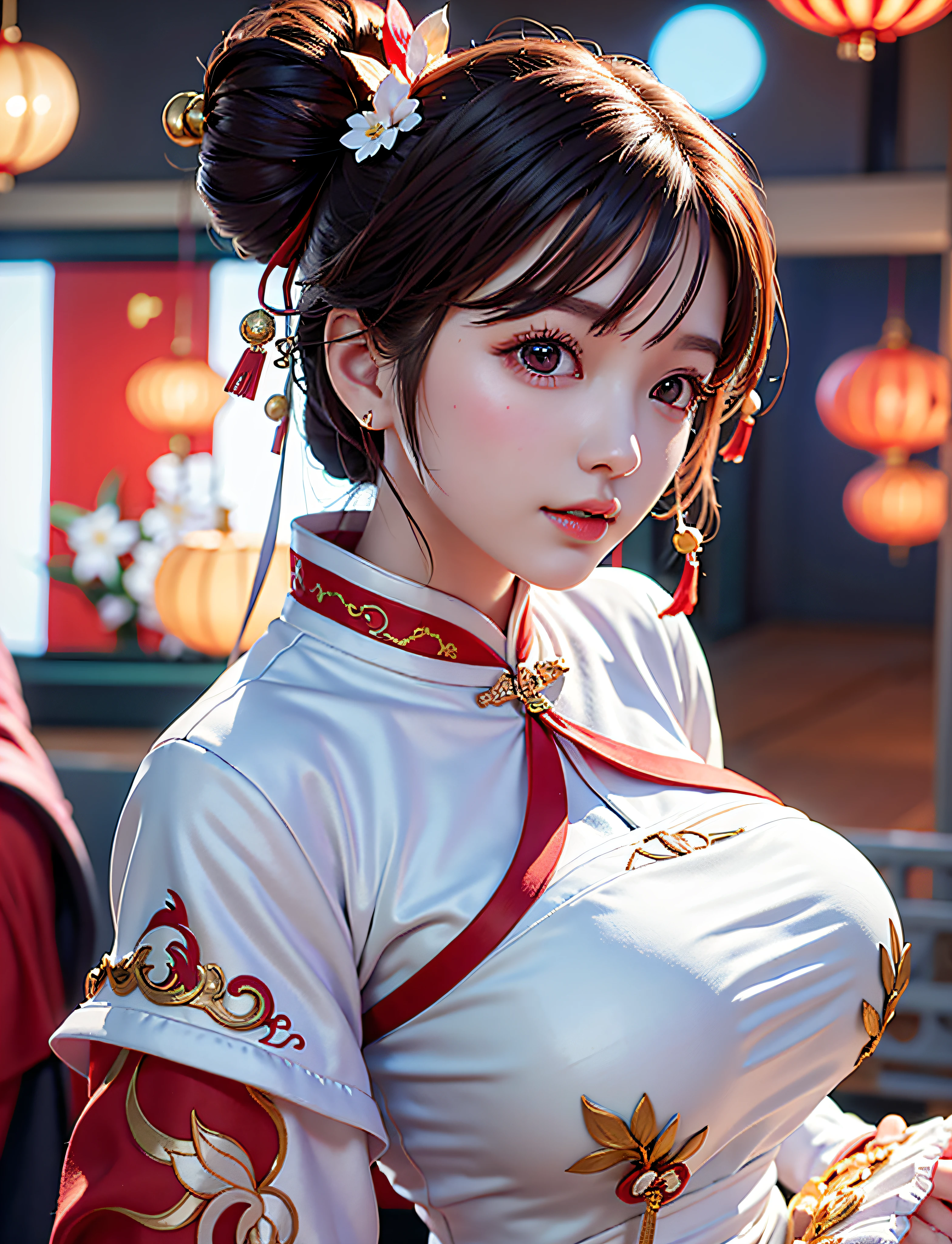 there is a woman in a white dress with a red and white collar, chinese girl, trending at cgstation, beautiful south korean woman, korean girl, gorgeous chinese model, anime girl cosplay, trending on cgstation, beautiful asian girl, 8k artgerm bokeh, wearing a red cheongsam, palace ， a girl in hanfu, korean woman