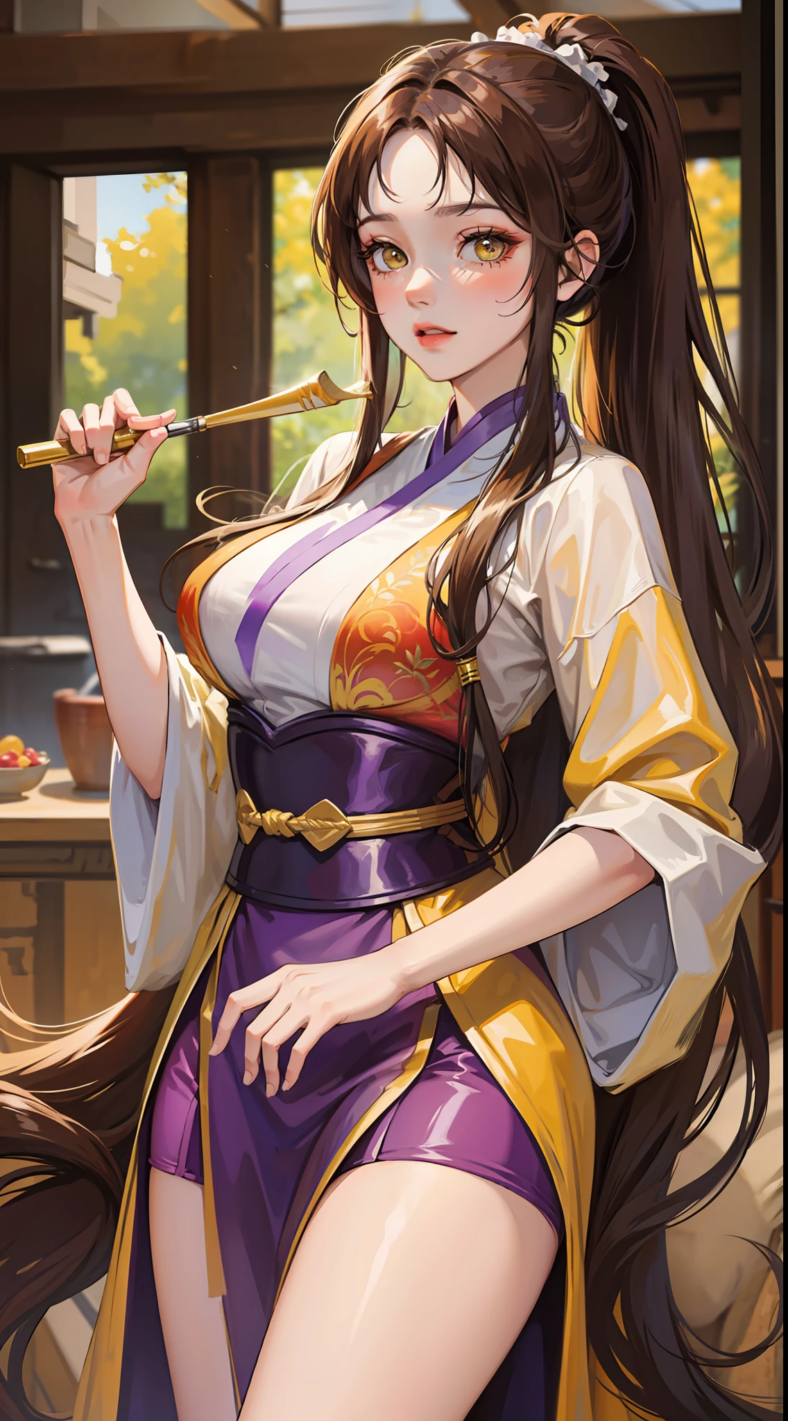 Adult woman, long brown hair, high ponytail, yellow eyes, purple hanfu, open breasts, masterpiece, high quality